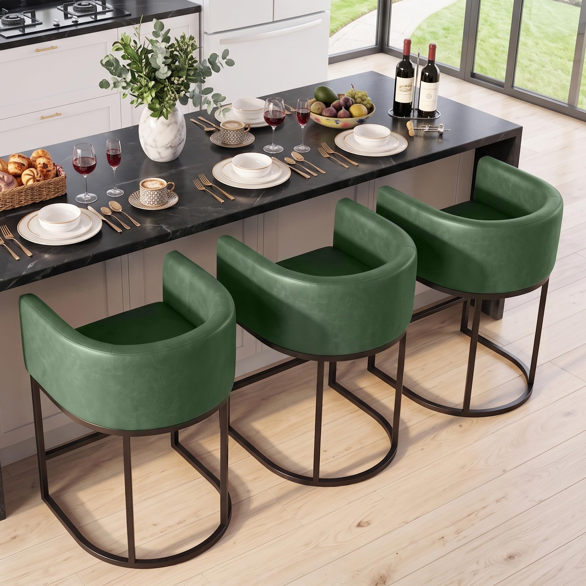 Counter Height Bar Stools Set of 3, Modern Counter Stools for Dining Room, 24 Inch Barstools for Kitchen Island, Faux Leather Bar Stool with Metal Legs and Back Footrest, Green