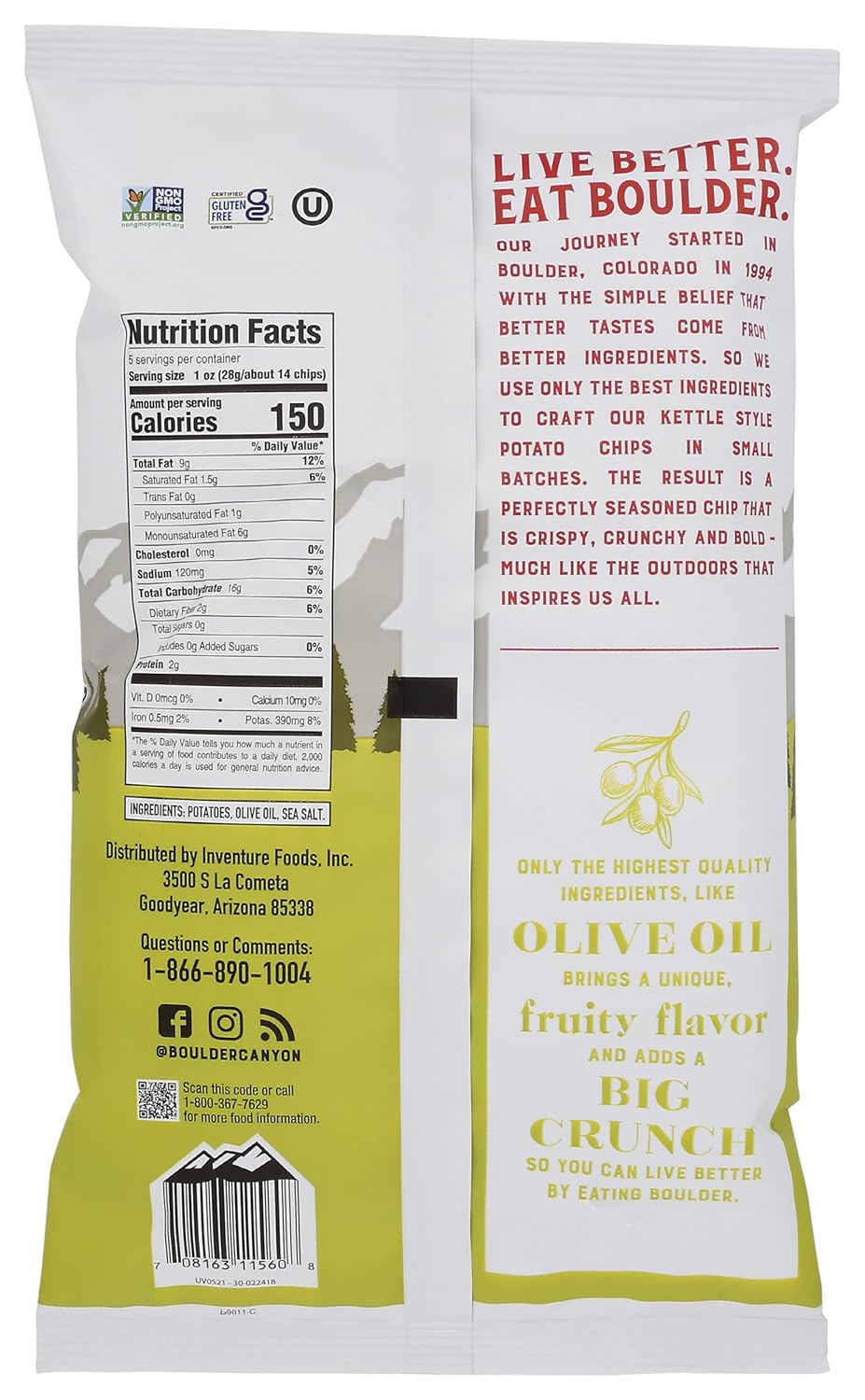 Boulder Canyon Classic Sea Salt Made With Olive Oil Kettle Style Potato Chips, Gluten Free, 5 Ounces (Pack Of 12)