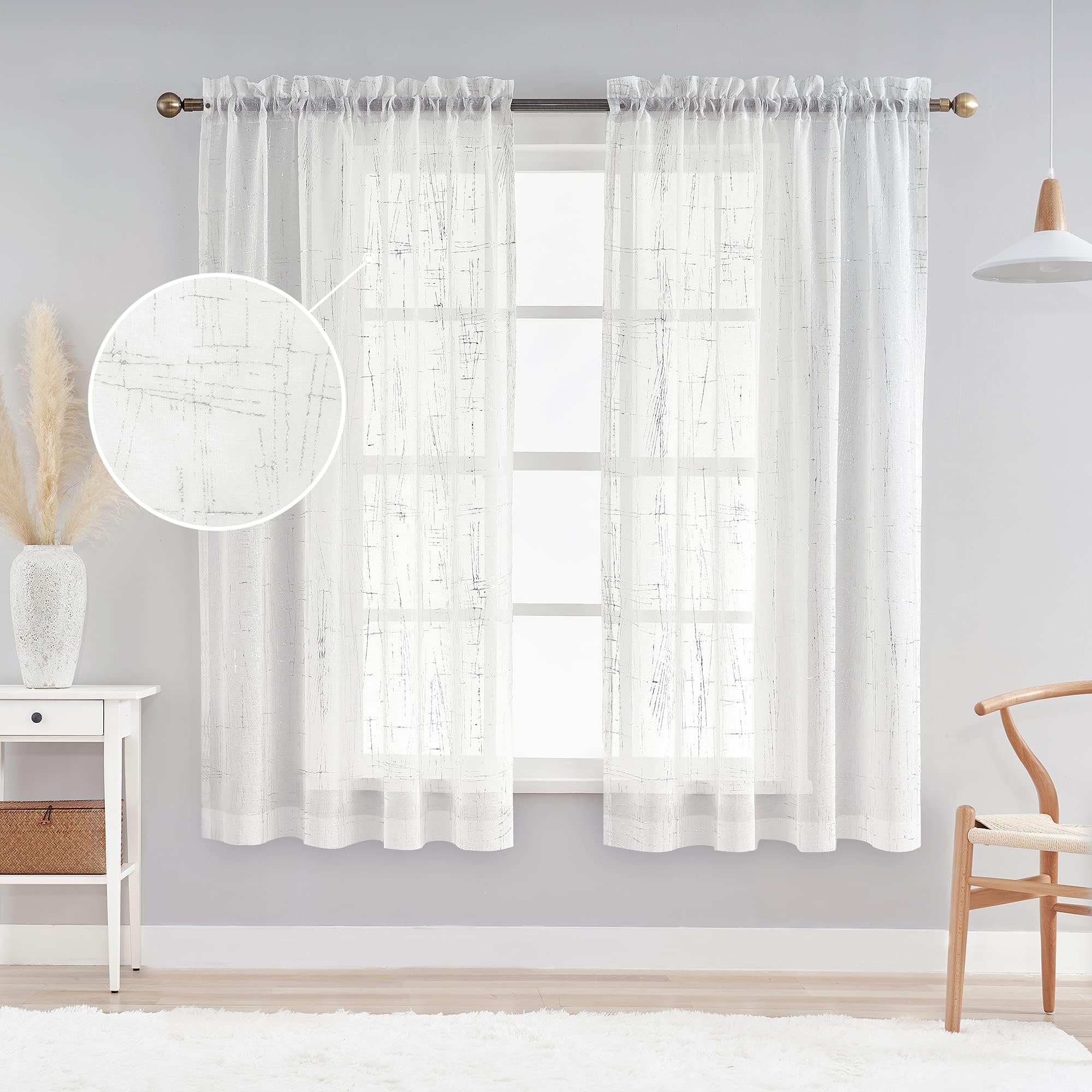 White Sheer Curtains 63 Inch Length 2 Panels Embossed Metallic Silver Foil Printed Geometric Pattern Faux Linen Modern Sheer Curtains for Living Room Bedroom Rod Pocket 54 x 63 Inch 2 Panels