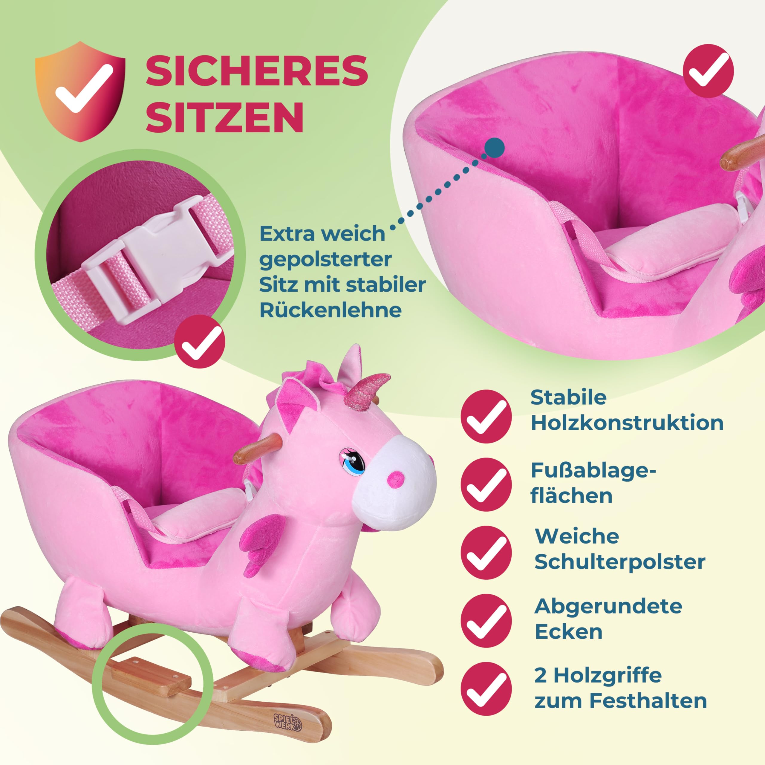 Deuba Spielwerk® Schaukeltier Einhorn inkl. Sound Effekt Sicherheitsgurt Plüsch Schaukel Wippe Kinder Baby Spielzeug Balancetraining besonders weich Schaukelpferd