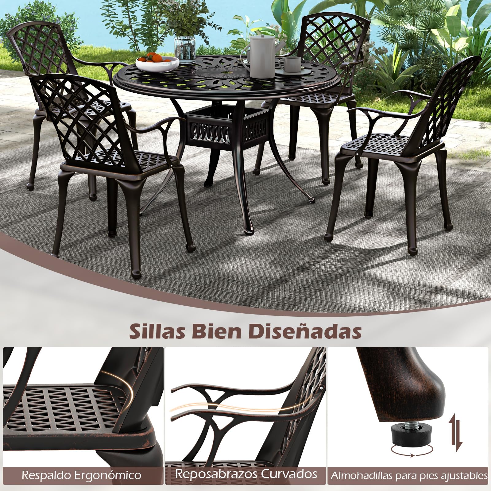 GOPLUS Juego de 2 Sillas de Jardín, Sillas de Comedor Aluminio Fundido Resistentes a la Intemperie, Respaldo y Reposabrazos, para Jardín, Patio, Balcón (Bronce)