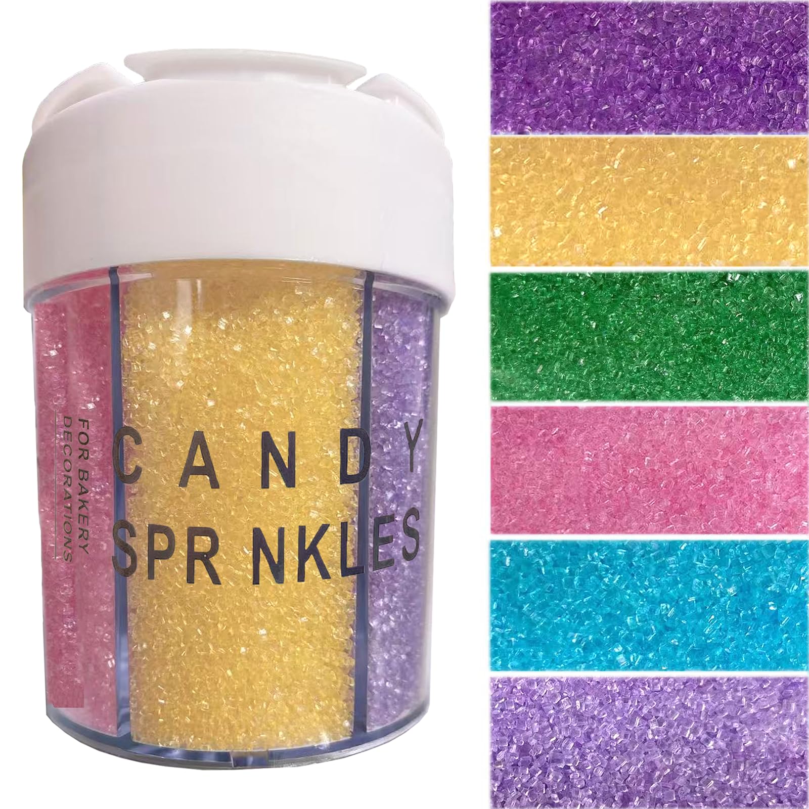 - Sentovac 6 Cell Pastel Sanding Sugar Sprinkles Edible for Cake Decorating Fancy Sprinkles Cake Topper Cupcake Cookie Baking Decorations Supplies（Purple Yellow Green Pink Blue lavender）