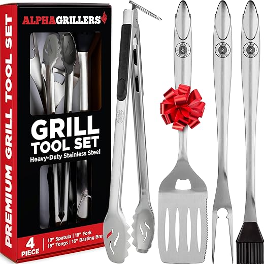 Alpha Grillers Grilling Accessories - Grilling Gifts for Men - BBQ Accessories Grill Tools Set with Spatula, Fork, Brush & Tongs - Outdoor Barbecue Utensils Gifts for Men Dad Him Boyfriend