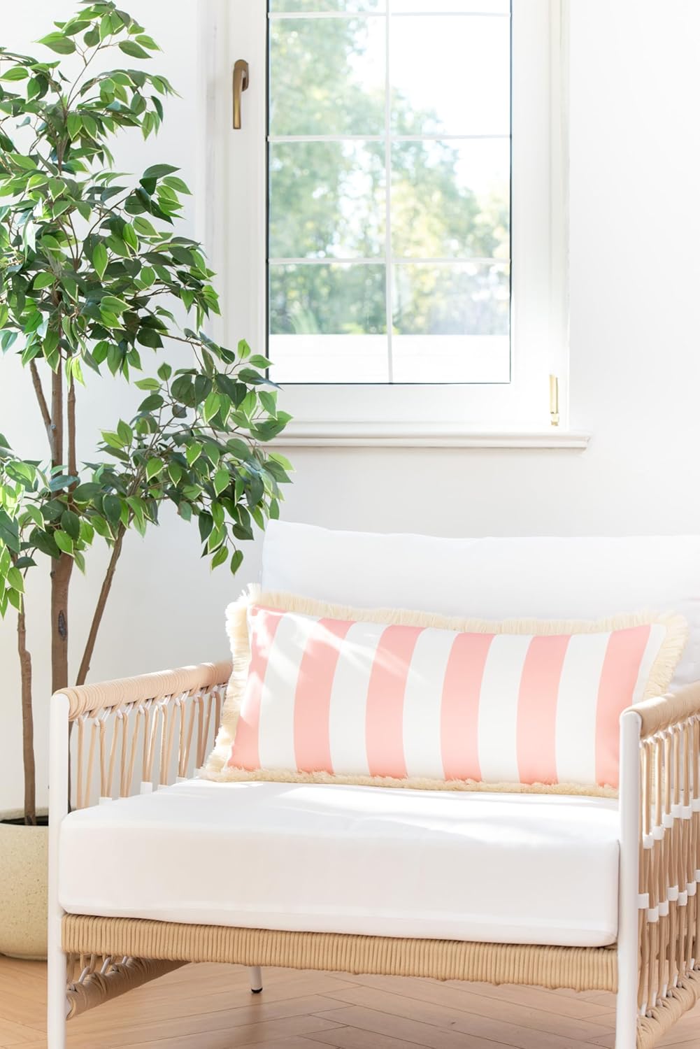 Hofdeco Premium Coastal Patio Indoor Outdoor Long Lumbar Pillow Cover Only, 12"x26" Water Repellent for Backyard, Couch, Blush Pink Stripes with Fringe