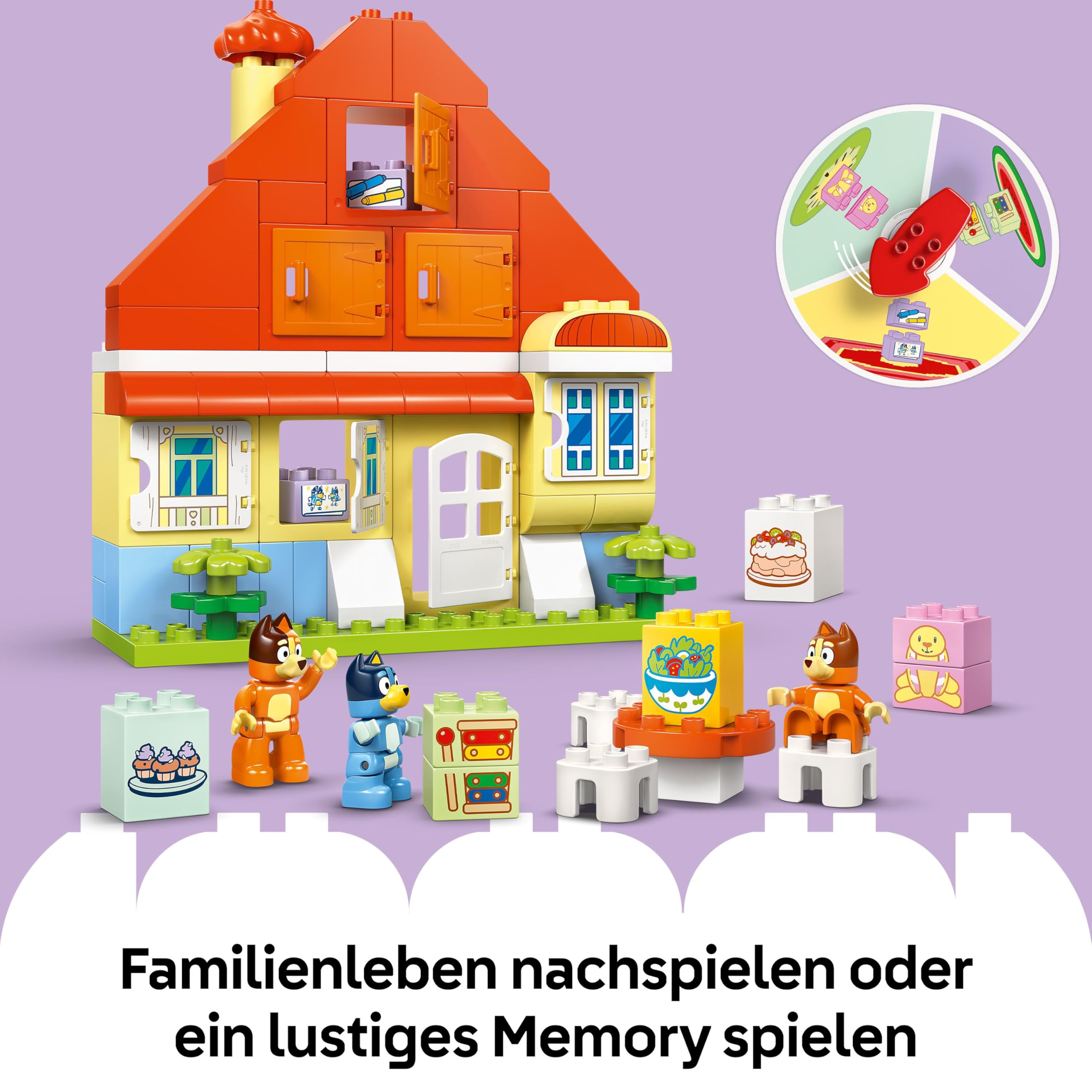 LEGO DUPLO Bluey: Blueys Familienhaus mit Memory-Spiel - Lernspielzeug für Kleinkinder - Inkl. 3 Minifiguren, aufklappbare Fenster und Brettspiel - Geschenk für Jungen & Mädchen ab 3 Jahren - 10459