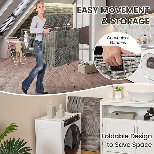 Miniatura 6 de S AFSTAR Cesta de lavandería con tapa, cesta de ratán de 29 galones con bolsa de lavandería de 2 rejillas, cesta de ropa sucia, cesta de ropa