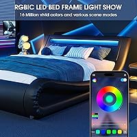 Vista 5 de WEEWAY Moderno marco de cama matrimonial con cabecera de luces LED RGBW, diseño de trineo tapizado de perfil bajo, soporte de listones de madera