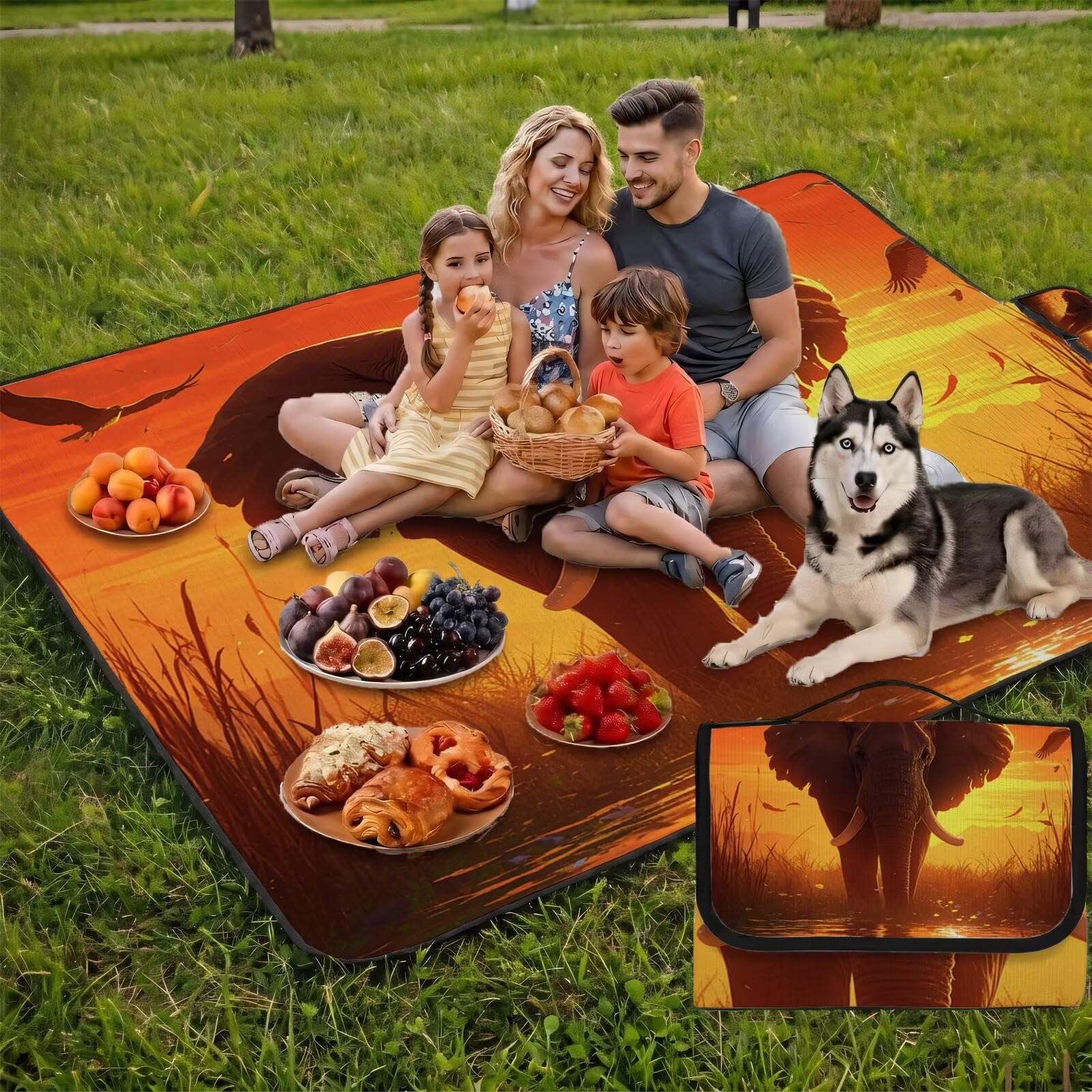 Couverture Pique Nique Grande 200x300cm,Outdoor Couverture Imperméable,Pliable Tapis de Plage Dos en PVC,Picnic Blanket pour Camping Accessoires,Jardin,Parc,Famille - Coucher de Soleil,éléphant UZ-94