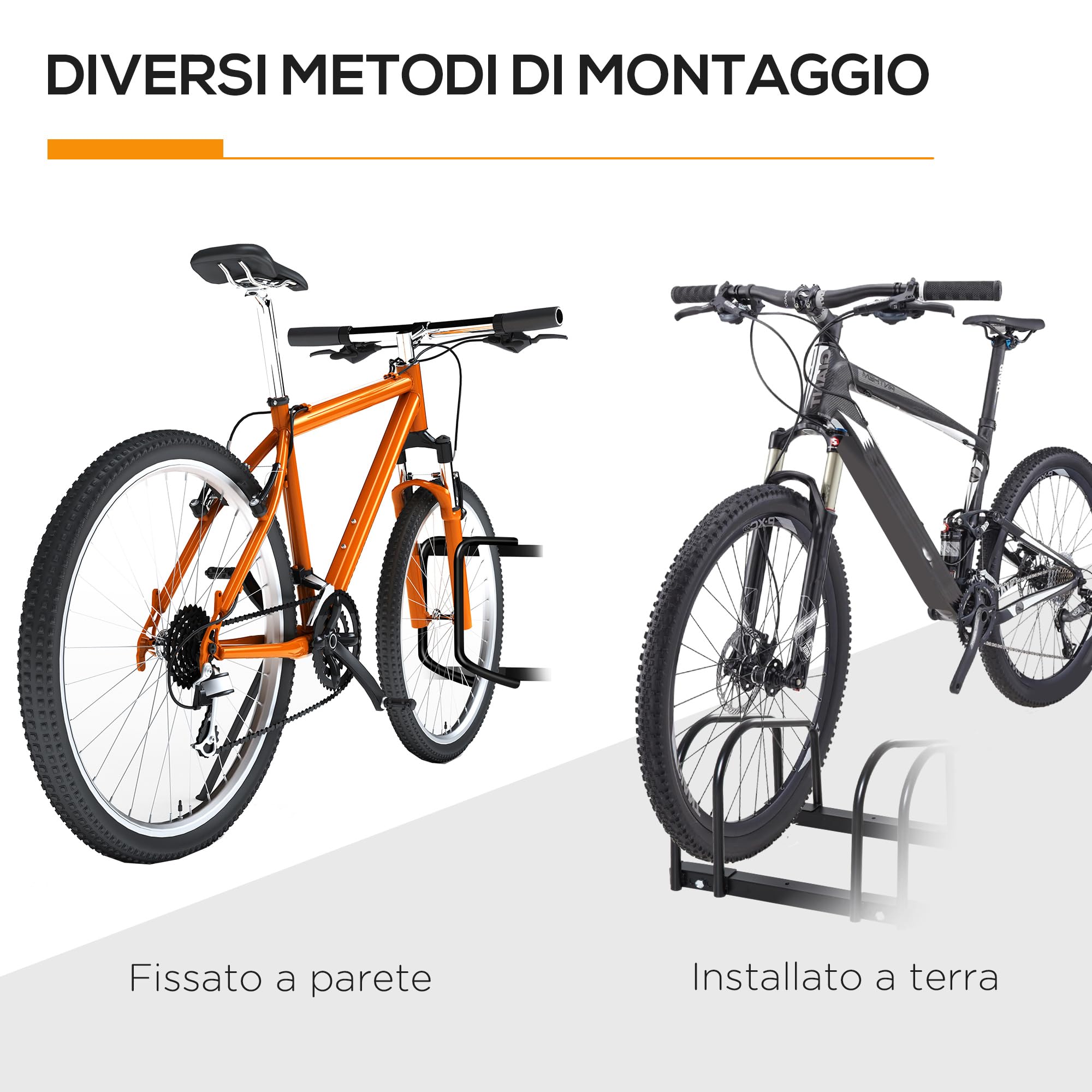 HOMCOM Rastrelliera Biciclette da Pavimento o Parete, Portabici da Terra per 6 Biciclette in Acciaio, Ruote Fino 65 mm, 179x33x27 cm, Nero