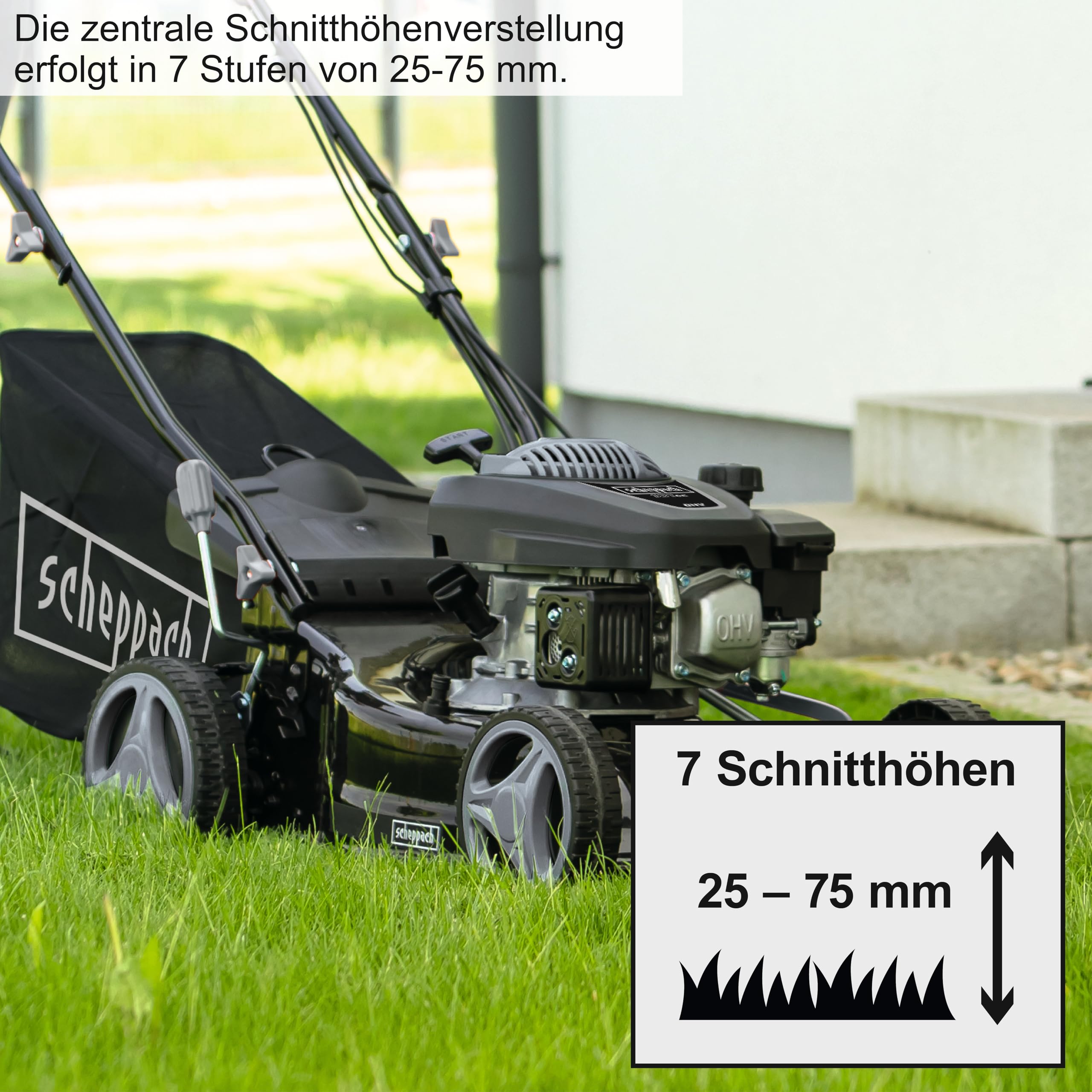 Scheppach MS132-42B Benzin Rasenmäher Black Edition mit Antrieb | für Rasenflächen bis 800m² | Schnittbreite 42cm | Leistung 3,3PS | Schnitthöhenverstellung in 7 Stufen (25-75mm) | Fangbox 45L