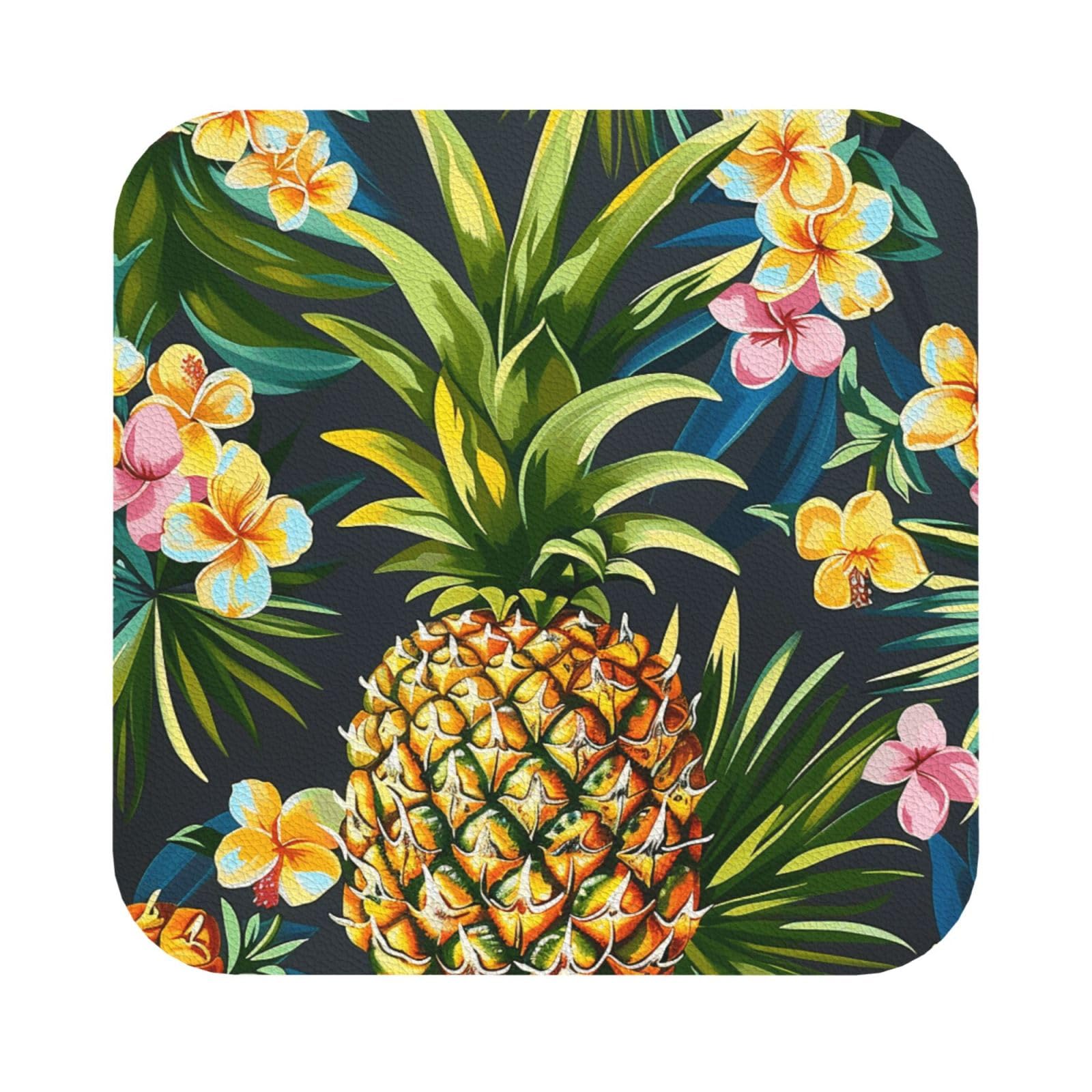 Tropical Pineapple Hawaiian Print Leather Coaster Set of 6, Square Coasters Table Decorative Coffee Cup Beverage Coasters Wine Beer Bar Coasters for Hot Drinks Table Protection