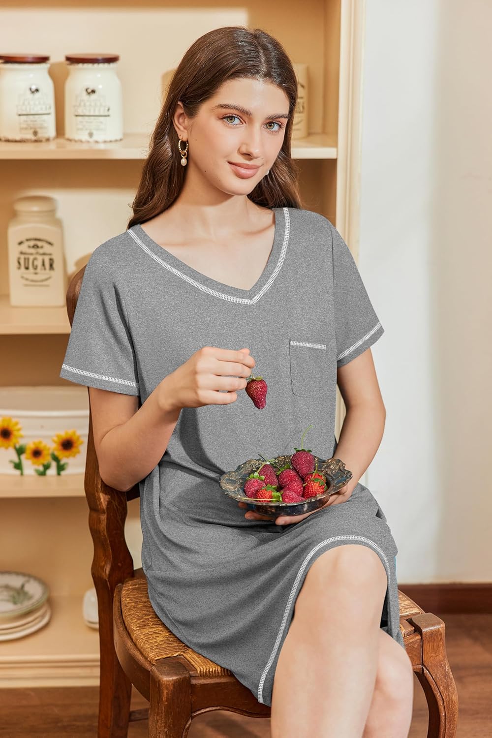 Ekouaer Nightgowns for Women Short Sleeve Sleep Shirts V Neck Nightshirts Soft Sleepshirt Caual T Shirt Sleepdress - Image 4