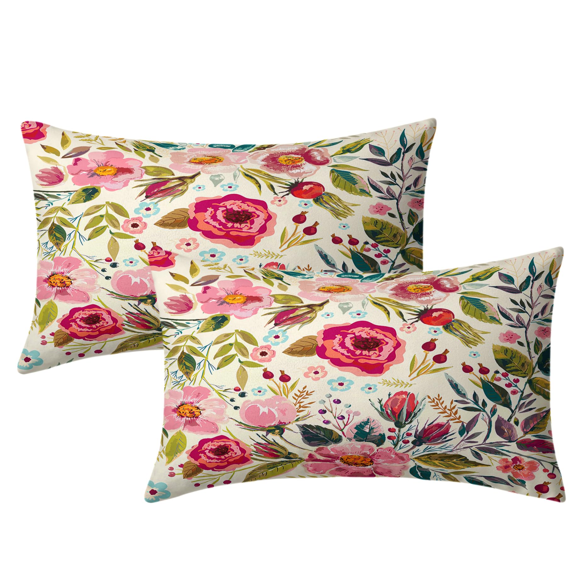 Spring Summer Flower Throw Pillow Covers 20x12 Inch Watercolor Peony Pillowcase Hot Pink Flora with Green Leaves Girly Decorative Cotton Cushion Cover