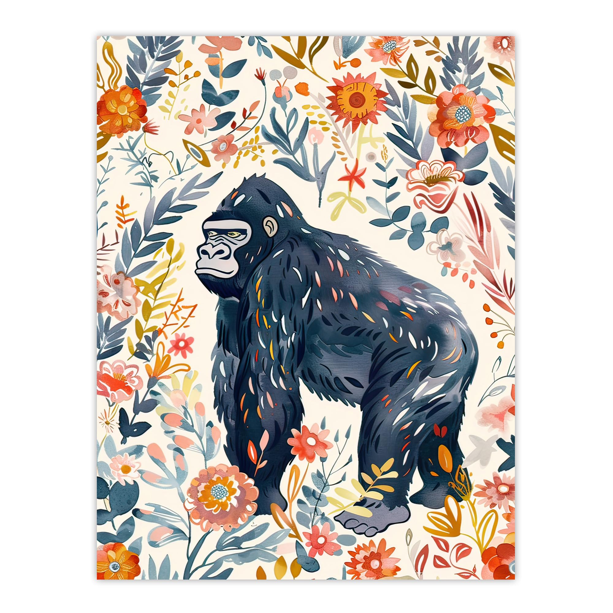 Artery8 Gorilla Ape with Wildflowers Floral Watercolour Living Room Large Wall Art Poster Print Thick Paper 18X24 Inch