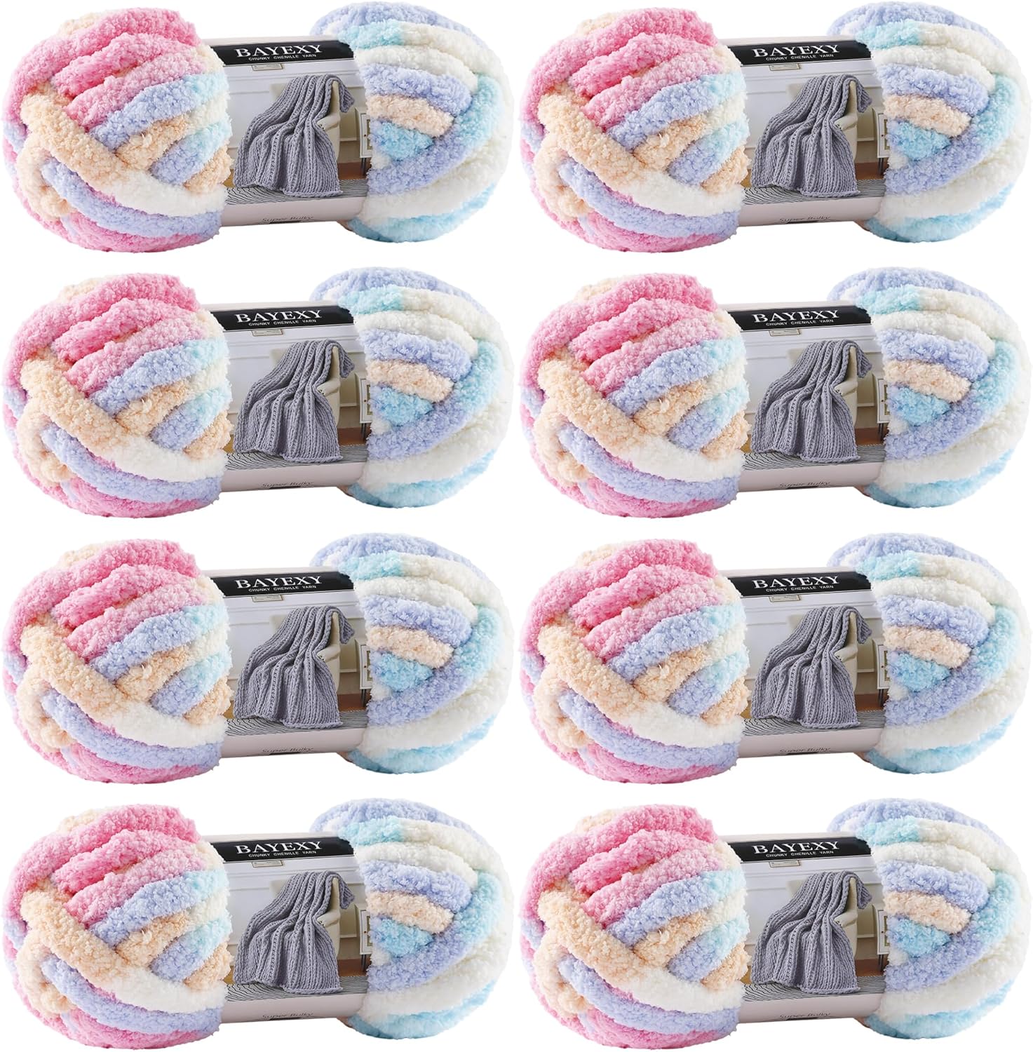 Chunky Chenille Yarn for Hand Knitting 8 Jumbo Pack Jumbo Chunky Yarn for Hand Soft Blanket Knitting, Bulky Thick Fluffy Yarn for Crocheting (Marshmallow Color)