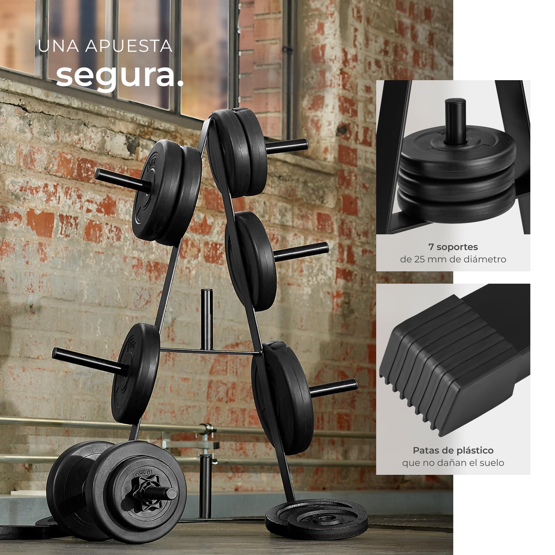 tectake® Soporte Pesas con 7 Barras para Discos de 25 mm, Capacidad de Carga 200 kg, Soporte Barra Musculacion, Organizador Gimnasio, para Complementar tu Rack Musculación, Mueble Pesas - Negro