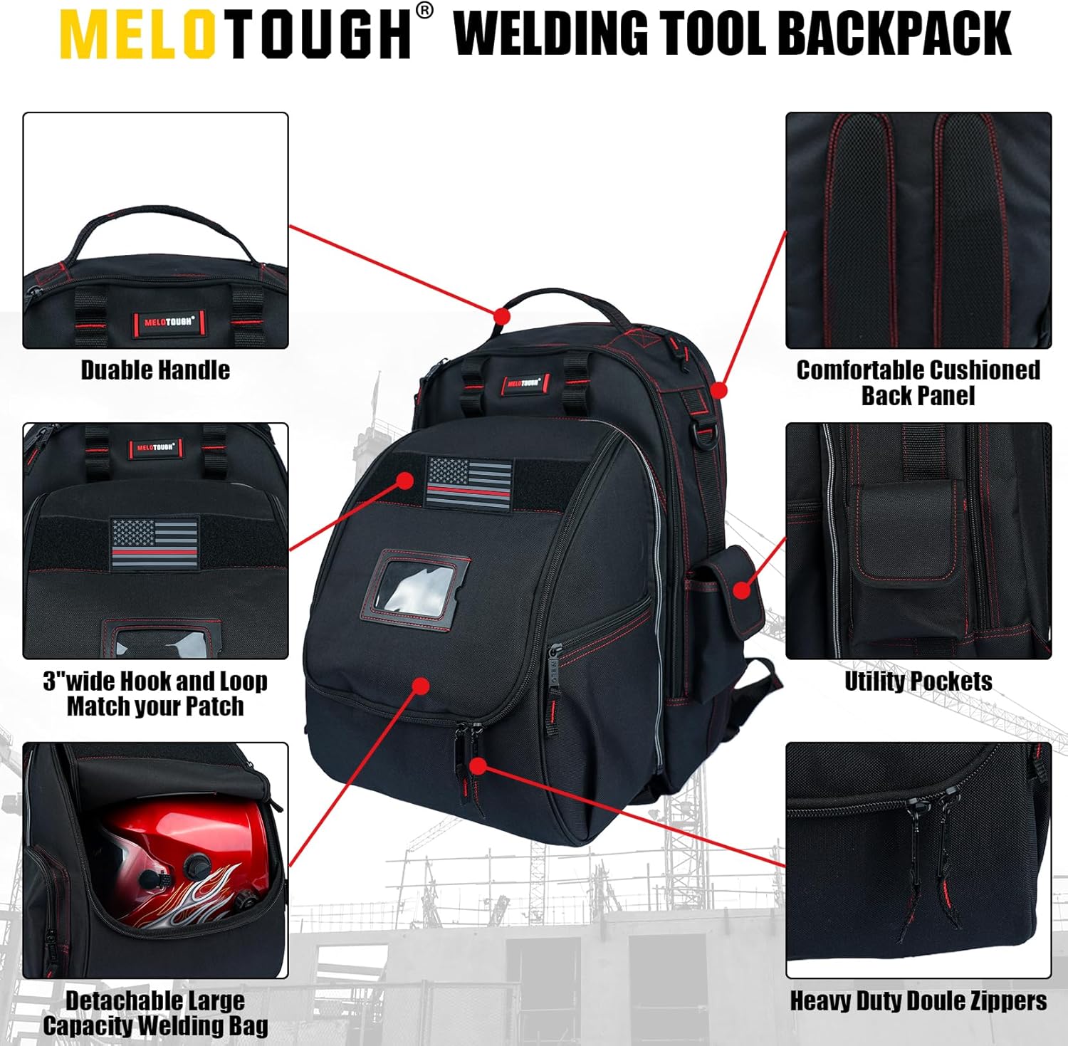 MELOTOUGH Welding Tool backpack for Tools and Helmet Extreme Gear Pack with Large Capacity Helmet Holder Luggage Storage Bag (Black) - Image 2
