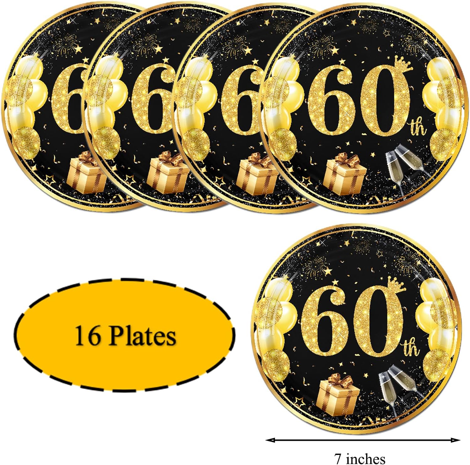 MMOONN 60th Birthday Paper Plates and Napkins,Black and Gold 60th Birthday Decorations Disposable Tableware Dessert Plates and Napkins Party Supplies for Men Women Service 16 - Image 6