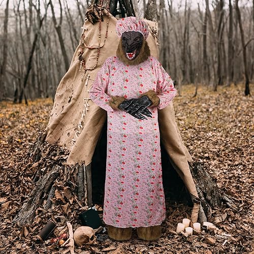 Miniatura 5 de Bonuci Disfraz de abuela de Halloween para adultos, disfraz de cosplay con sombrero, máscara de cabeza de lobo, guantes, calentadores de piernas