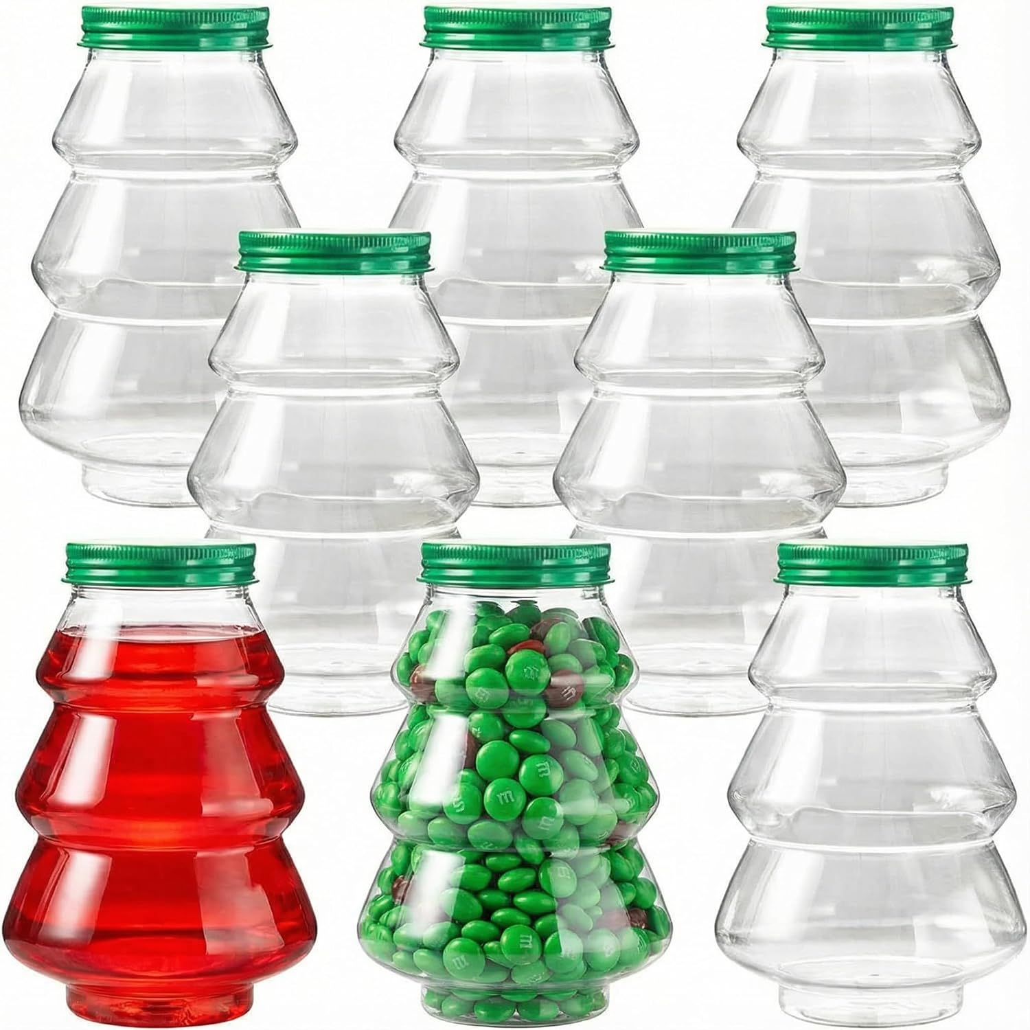 Hemoton 8 Pcs Christmas Tree Plastic Bottles with Green Lids, 17oz Clear Candy Jars for Gifts, Empty Holiday Juice Drink Containers, Reusable Party Favor Box for Treats Milk Tea