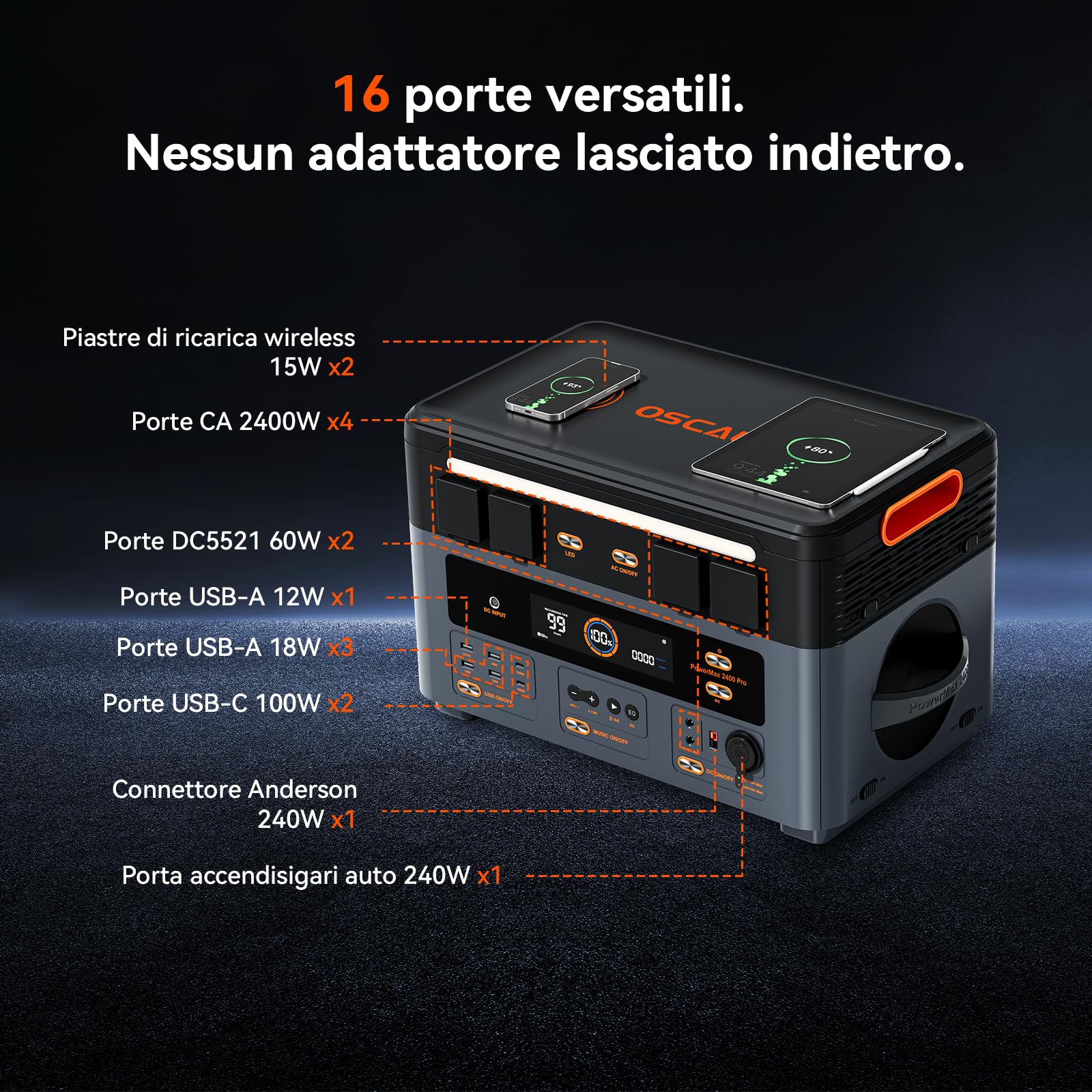 OSCAL PowerMax 2400Pro Centrale Elettrica Portatile (Modello 2025 aggiornato), batteria LiFePO4 2016 Wh, 2400W(Picco 4800W), on/off grid, Due altoparlanti, UPS 5ms, ideale per camp/camper/emergenze