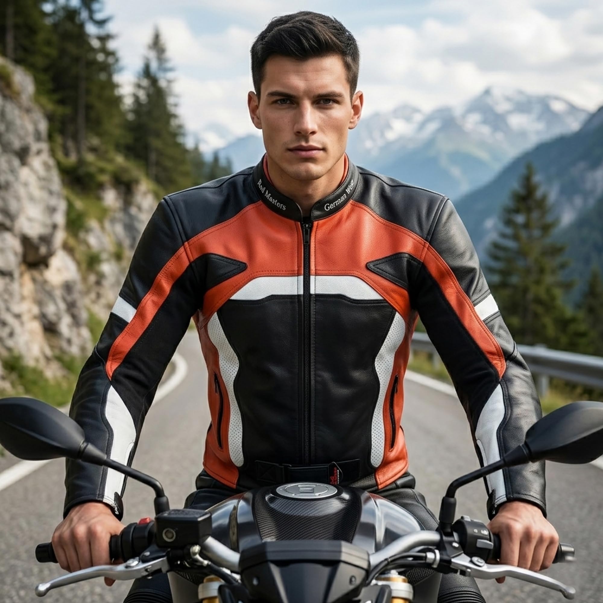 German Wear Herren Motorradjacke Lederjacke mit Protektoren, Frabe:Orange;Größe:S