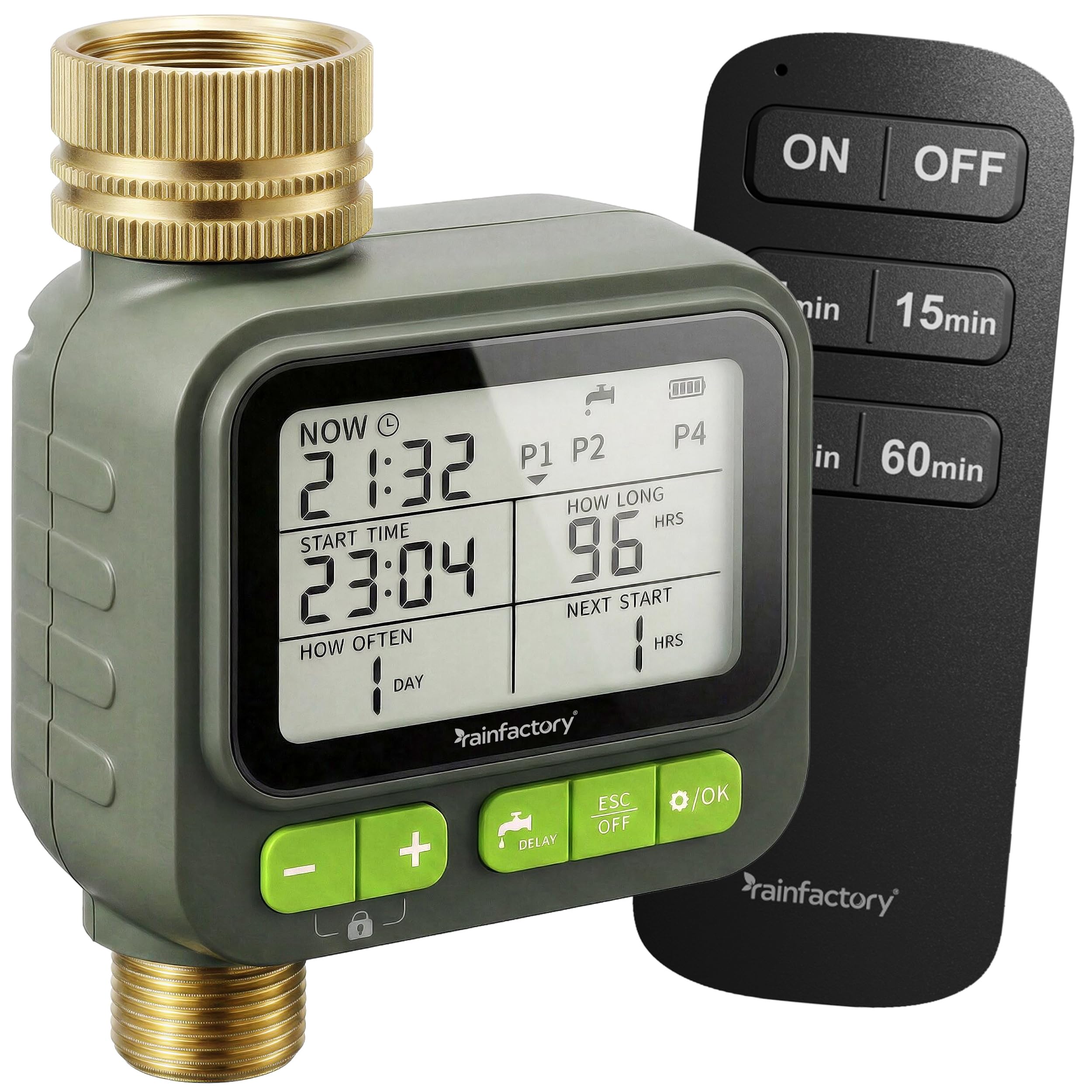 rainfactory - programmateur arrosage Automatique avec télécommande 1 Sortie, minuterie arrosage à Pile IP65, écran LCD, 4 Plans, Manuel, départ différé, raccord ¾ Jardin, Potager, Goutte à Goutte sûr