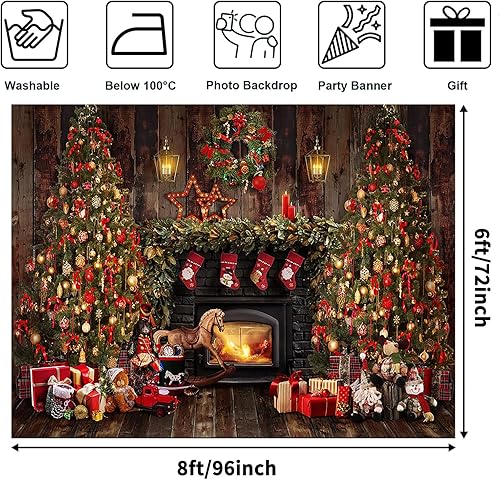 Miniatura 10 de Avezano Telones de fondo de Navidad para fotografía, madera rústica, chimenea, telón de fondo de fotos, árbol de Navidad, decoración de regalo para