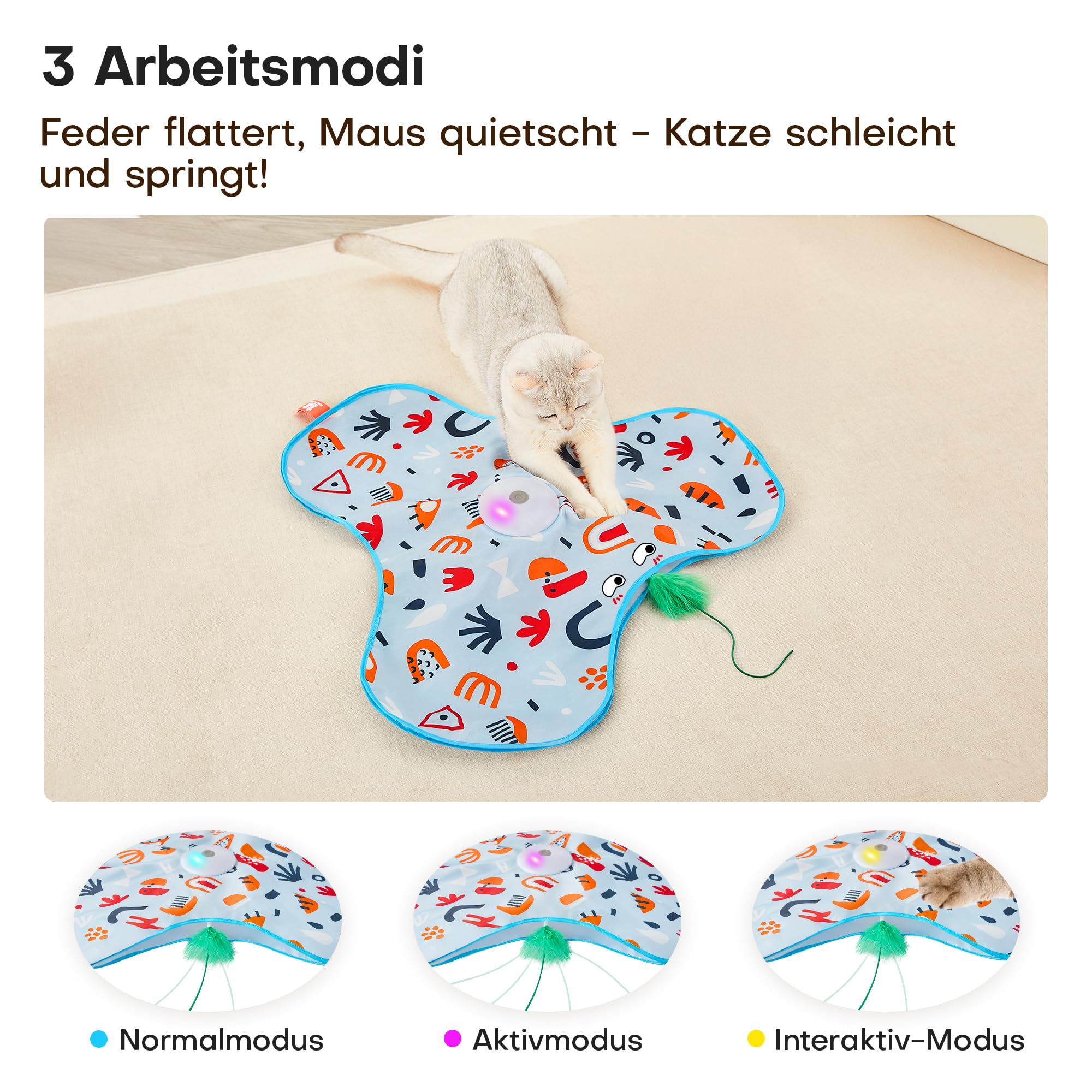 Potaroma Interaktives Katzenspielzeug mit Federautomatik - Wiederaufladbar, berührungsaktiviert mit Mausgeräuschen, ideales Bewegungsspielzeug für aktive Wohnungskatzen Blumenmuster-Abdeckung