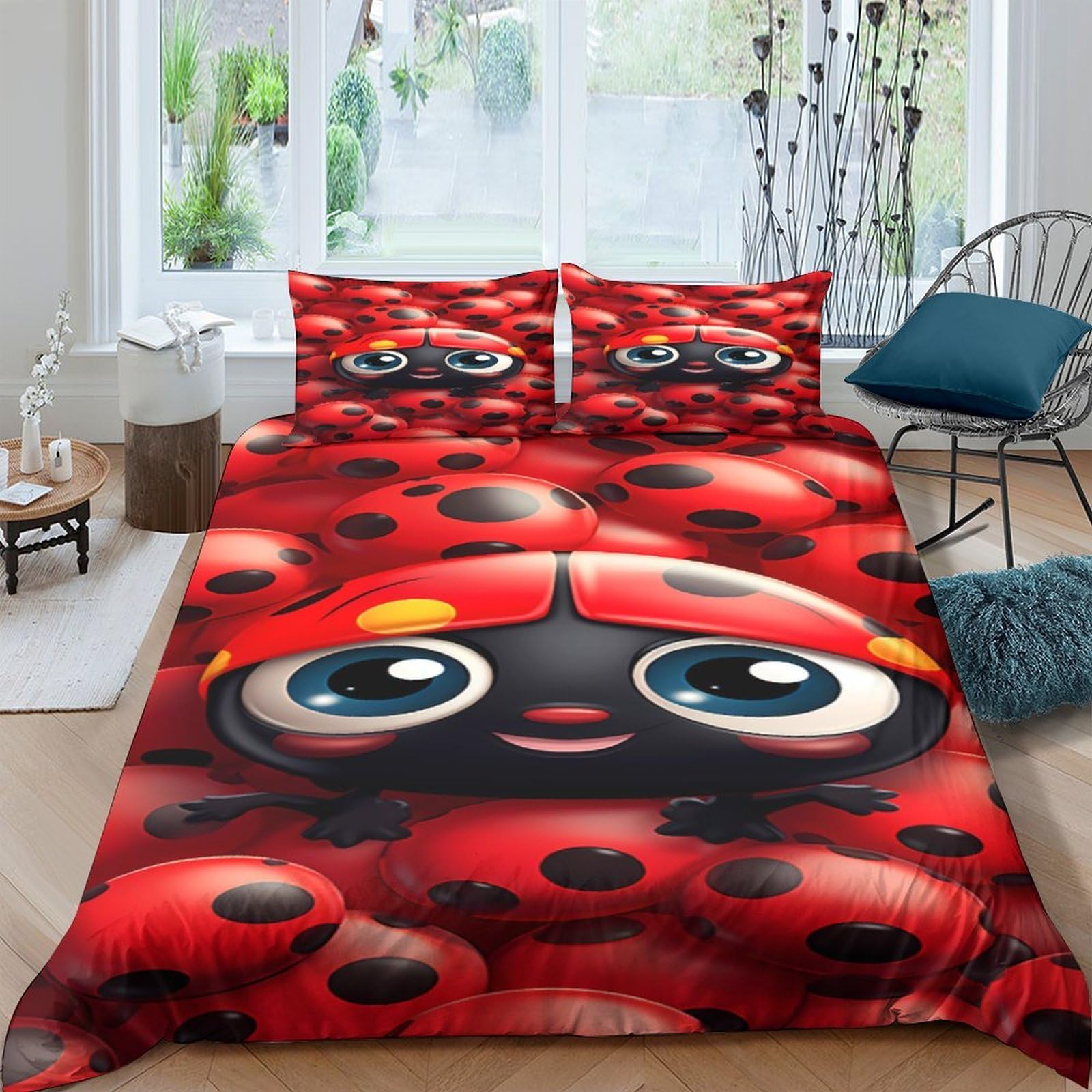 Ctjqhvkz Style-1 3D Printed Cartoon Ladybug Fitted Sheet Microfiber Bright Red Bed Cover For Bedroom Dorm Mattress Protection Decor Single（135X200cm）