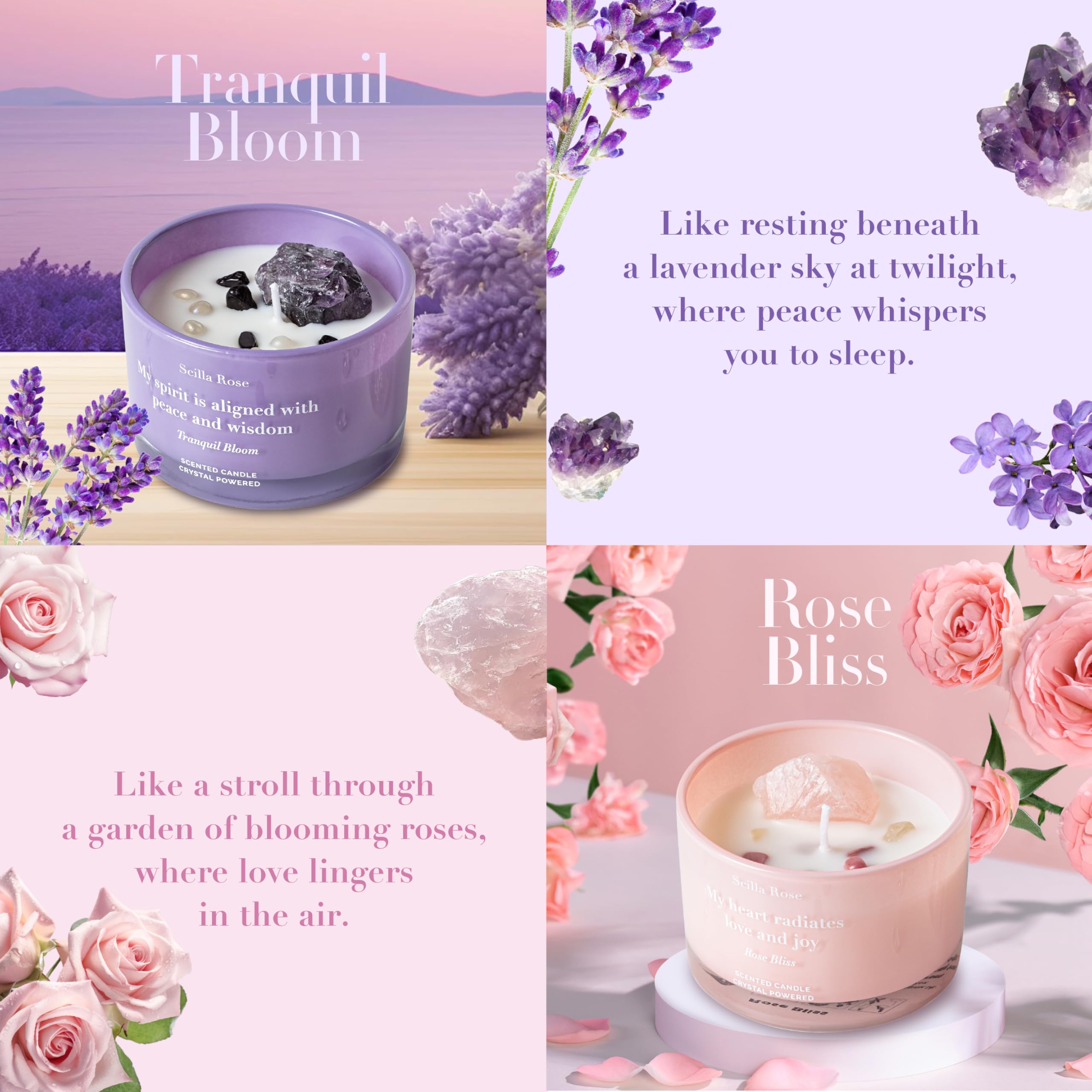 Scilla Rose Juego de velas de cristal de lujo, velas de cera de soja perfumadas de cuarzo rosa y amatista, cuidado personal de aromaterapia, sueño de lavanda, alivio del estrés, regalos únicos
