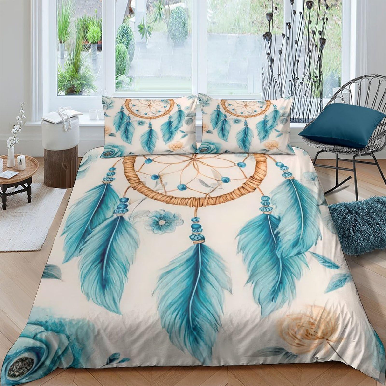 GPLZQXKJNH 3D Printed Dreamcatcher Duvet Cover Microfiber Soft Breathable Feather Pattern Bedding Set with 2 Pillowcases for Bedroom Decor Single（135x200cm）