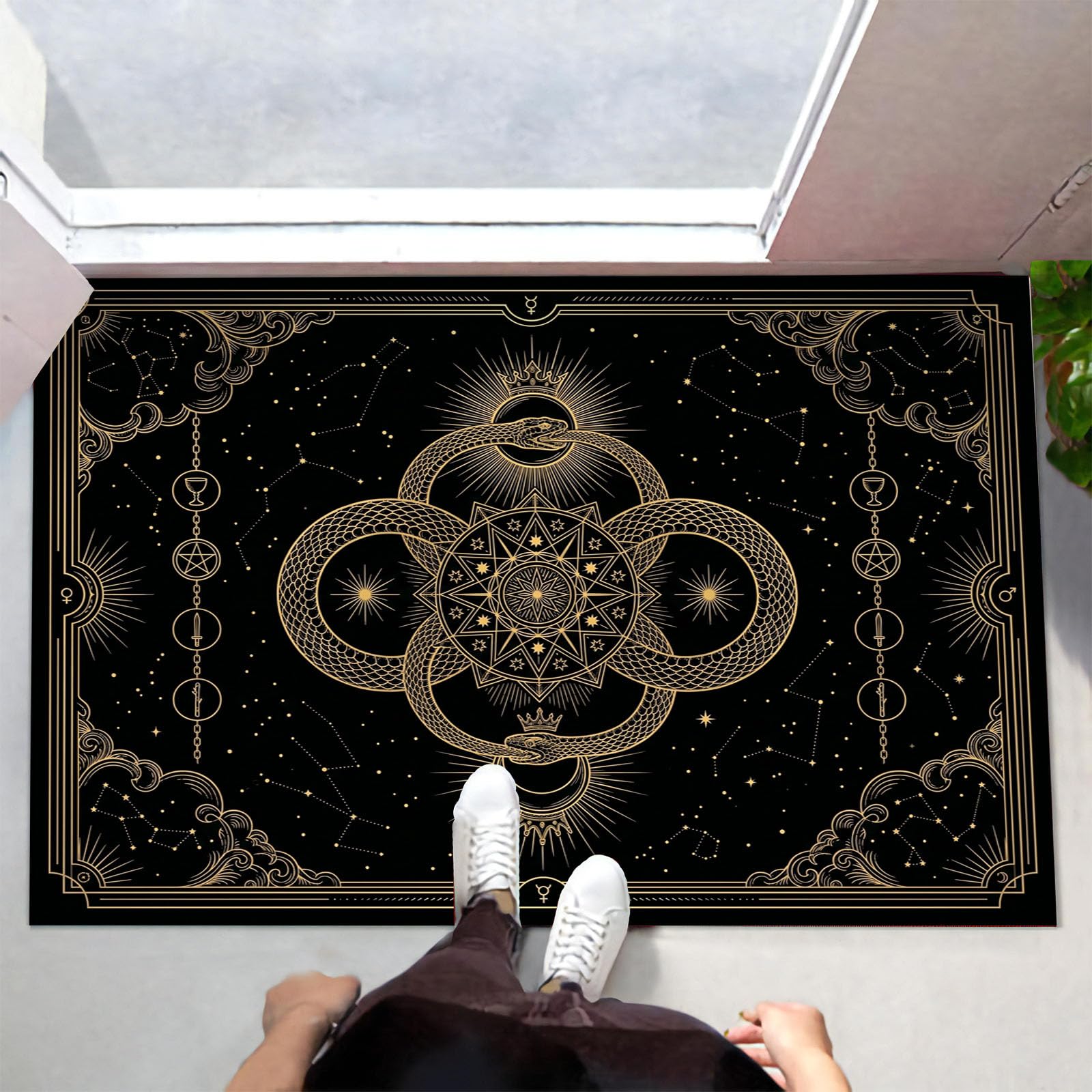 Felpudo Ultrafino Para Interiores,90X150Cm,Constelaciones Animales Misteriosas Alfombra Antideslizante Lavable Para Entrada,Tarot Cielo Estrellado Retro Felpudo De Perfil Bajo,Atrapa Suciedad,Negro