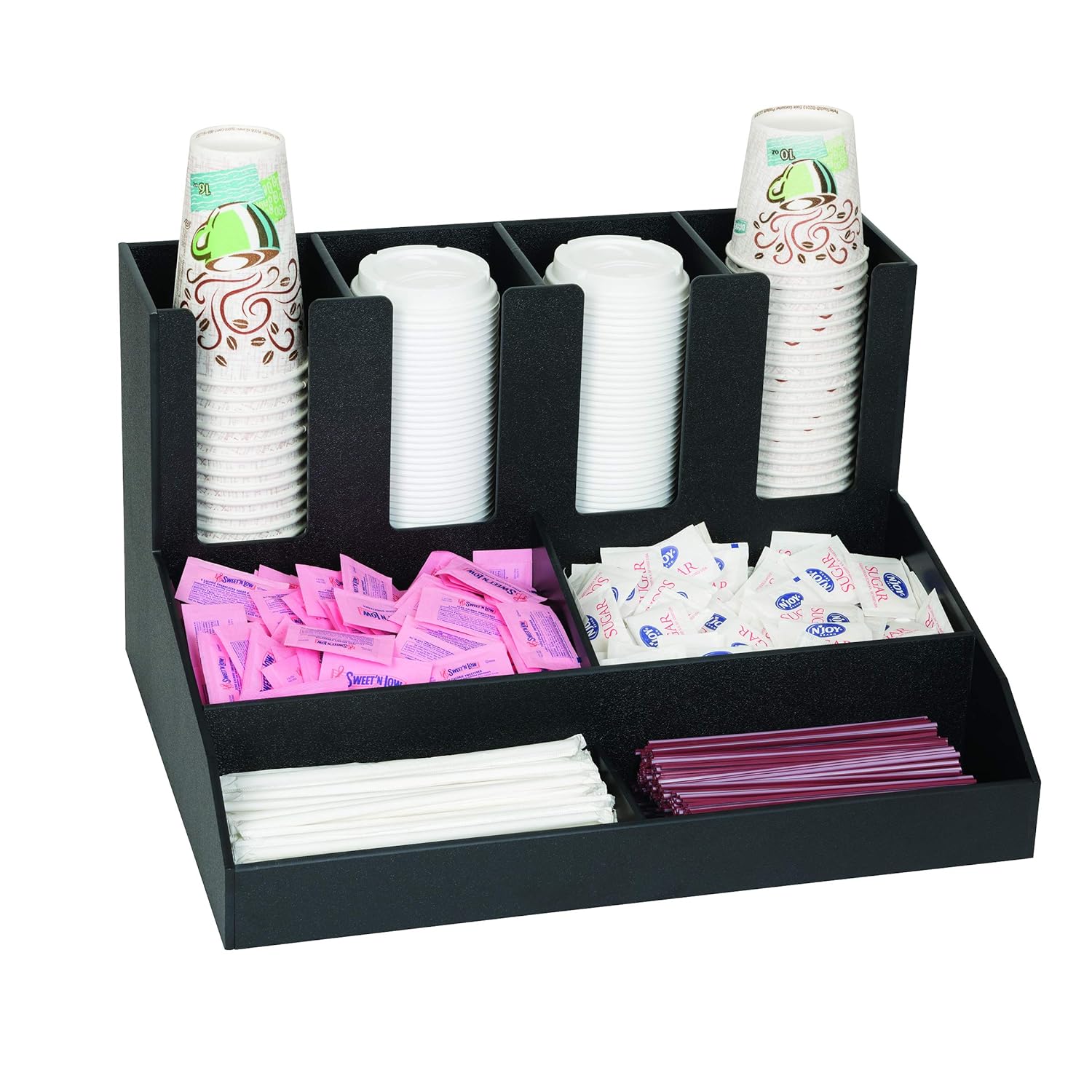 Dispense-Rite CLCO-4BT Eight Compartment Countertop Cup, Lid, Straw and Condiment Organizer, Durable Black Polystyrene, Holds Cups and Lids up to 4-1/4" Diameter, 11-1/8"H x 18-3/4"W x 14-1/2"D