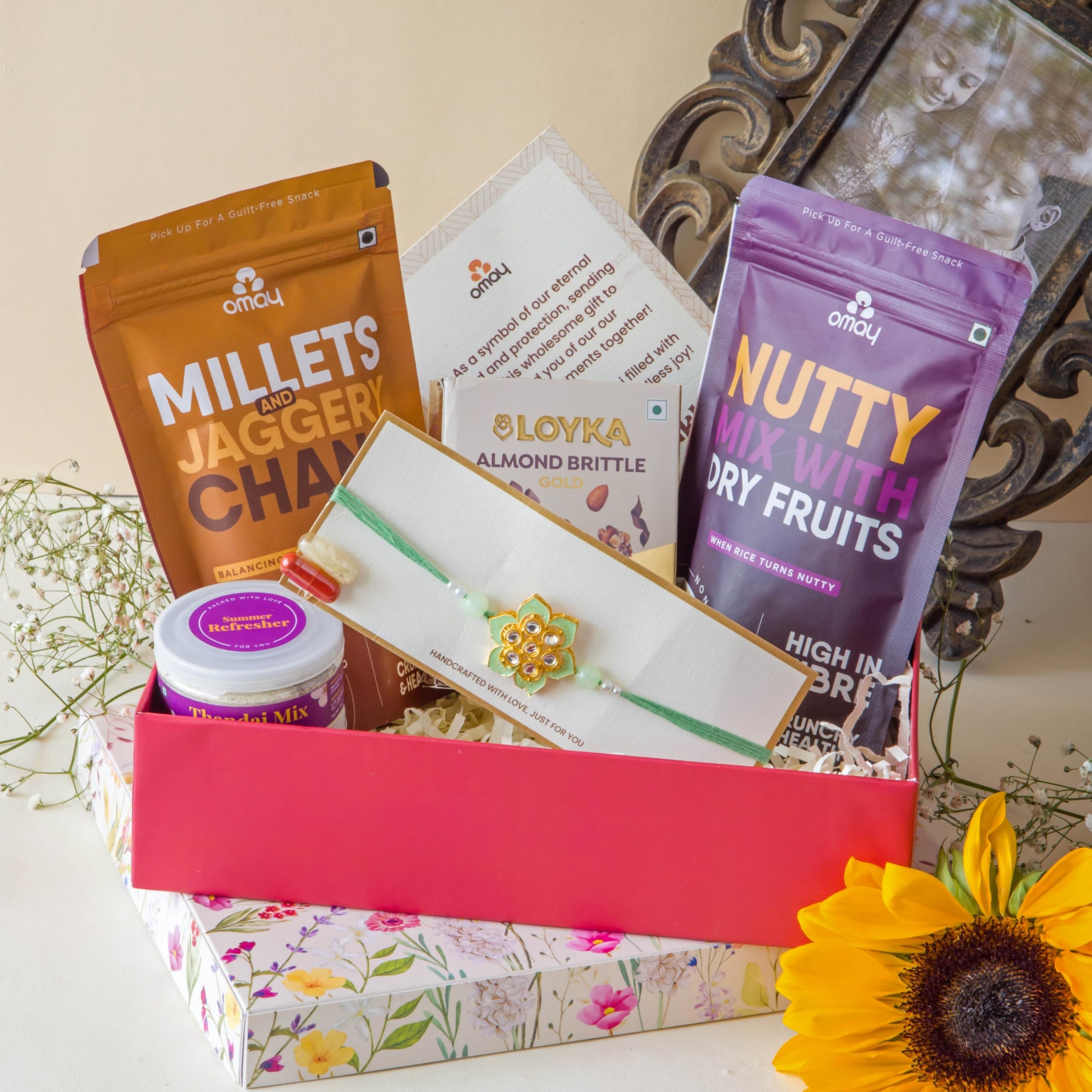 Omay Foods 7_pcs Pyaar Wali Rakhi Gift Hamper | Gifts for Brother | Rakshabandhan Gift Hamper | Bhai Rakhi, Roli Chawal I Healthy Snacks Gift Box