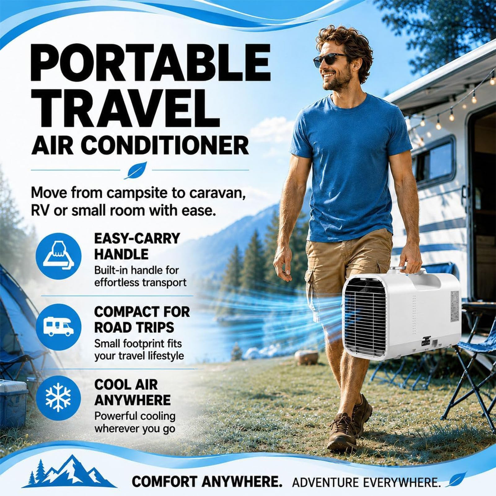 Aria Condizionata Portatile, Condizionatore Portatile per Camper 4400/5100BTU con 3 velocità Regolabili, Timer & Telecomando, 4-in-1 Deumidificatore, Condizionatore & Ventilatore