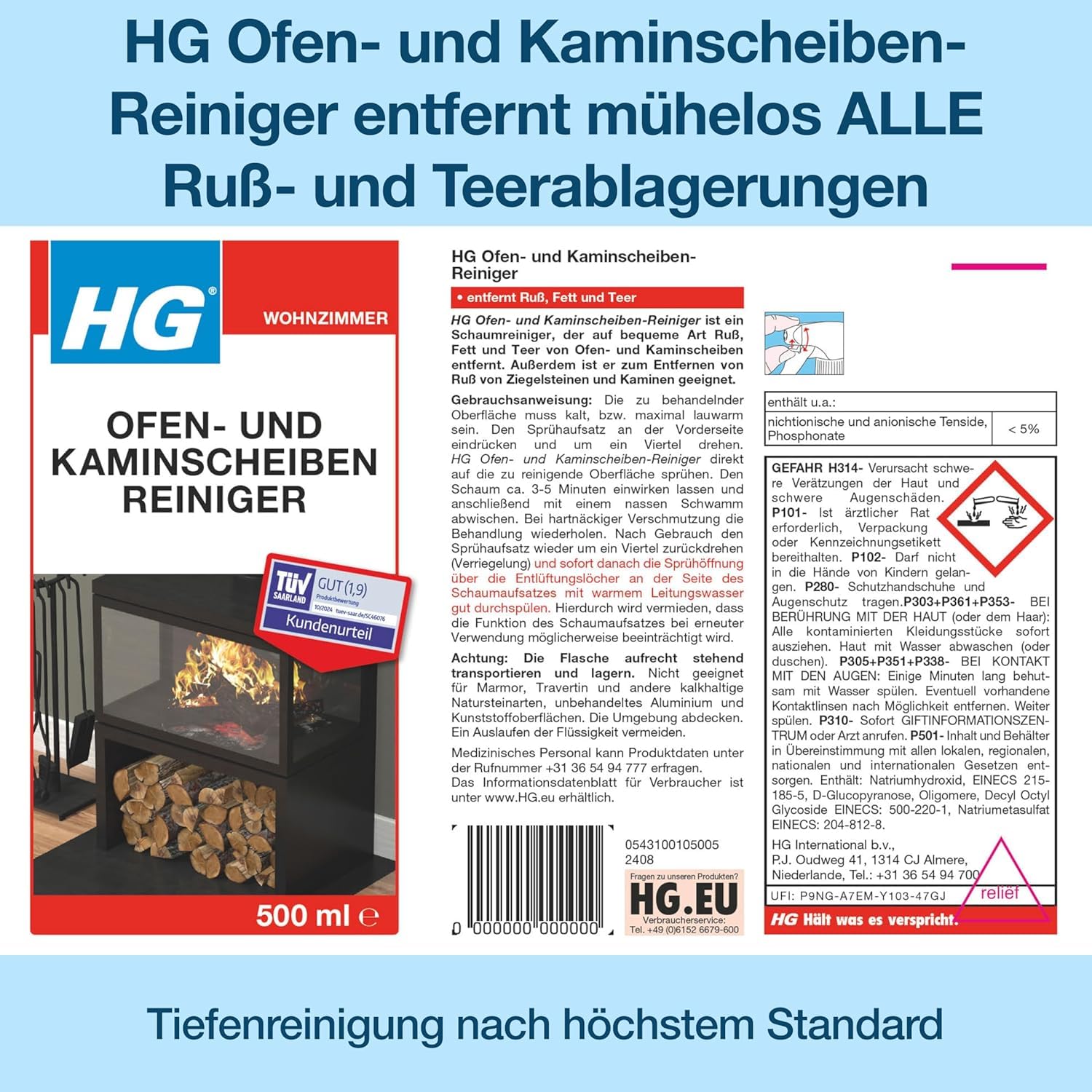 HG Ofen- und Kaminscheiben-Reiniger – Spezialreiniger gegen Ruß & Rauchbelag – 6er Set