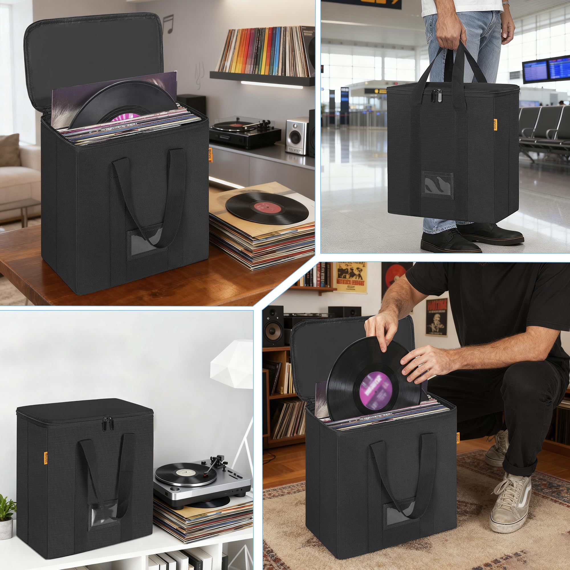 OUUTMEE - Bolsa de transporte para discos de vinilo con cremallera, capacidad hasta 50 solteros, funda de almacenamiento impermeable plegable para álbumes, CD, documentos, gris, S Talla, Bolsa de