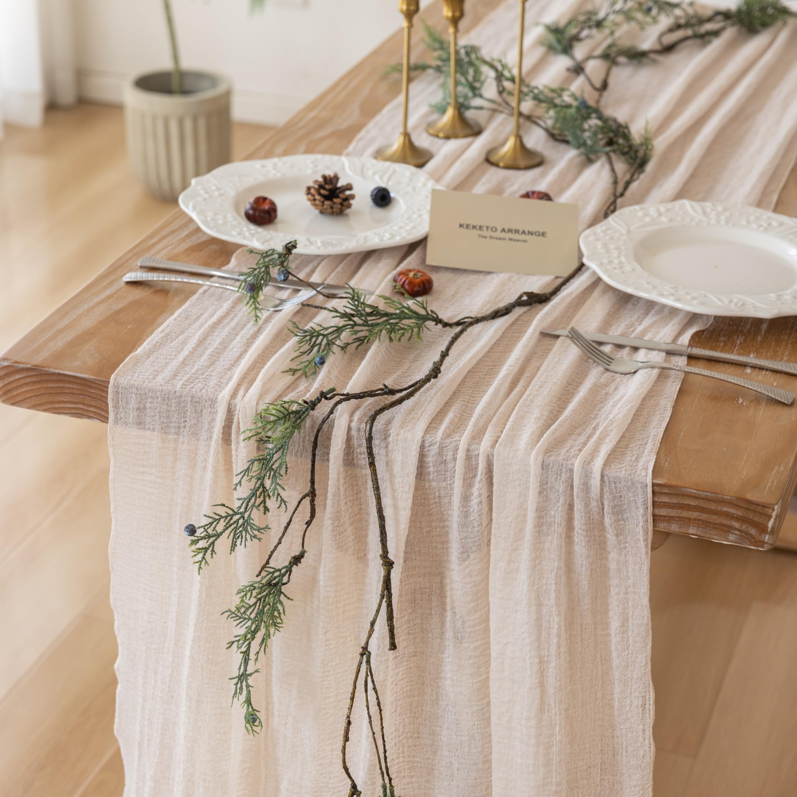 3Pcs Light Beige Cheesecloth Table Runner 120 Inches for Party Home Decor