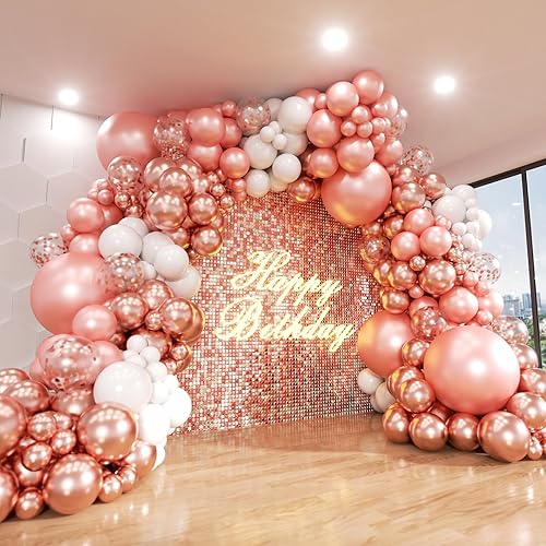 Vista 70 de Kit de arco de globos rosados, 140 globos color rosa metálico claro pastel y blanco con guirnalda de globos de confeti rosa para cumpleaños, bodas