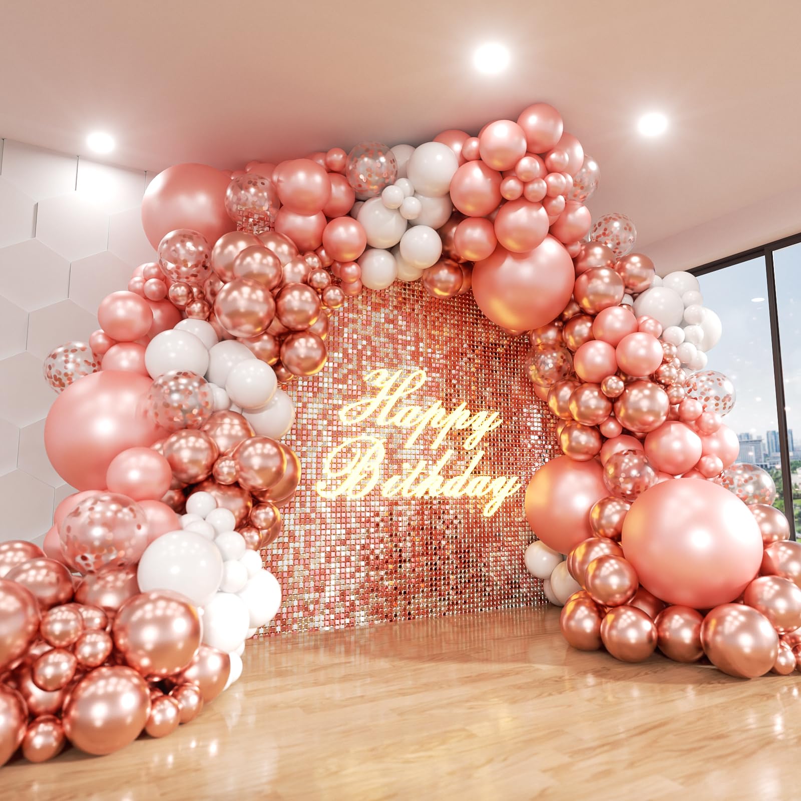 ADOINBY Rose Gold Balloons Arch Kit, 140Pcs Metallic Rose Gold White Balloon 18 12 10 5 Inch Different Size Balloons Garland Kit for Birthday Party