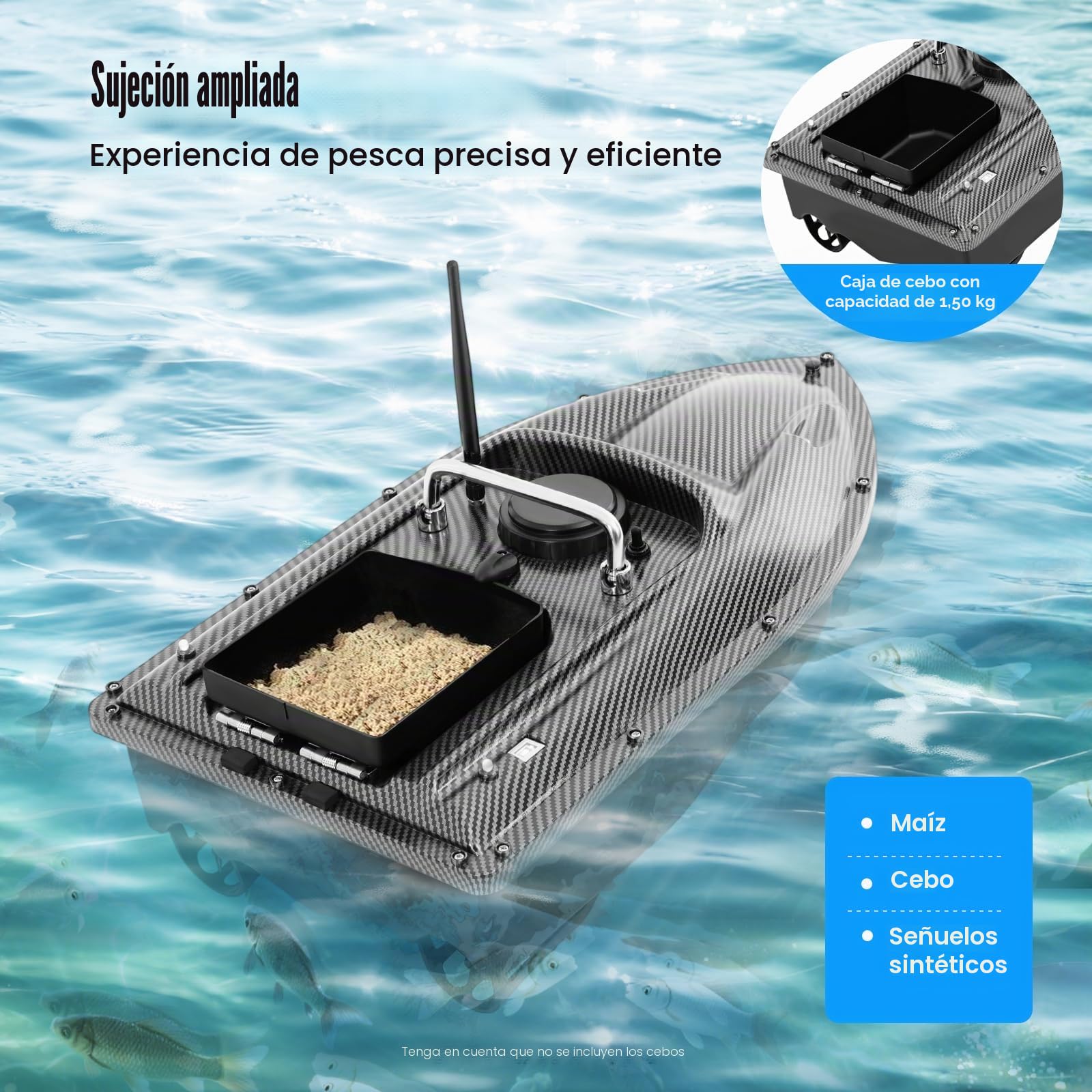 Barco de cebo de 500 m, 240 V, barco teledirigido, 49 × 27 × 16 cm, barco de pesca con mando a distancia, bote inflable con motor eléctrico, barco de cebo de pesca RC, negro