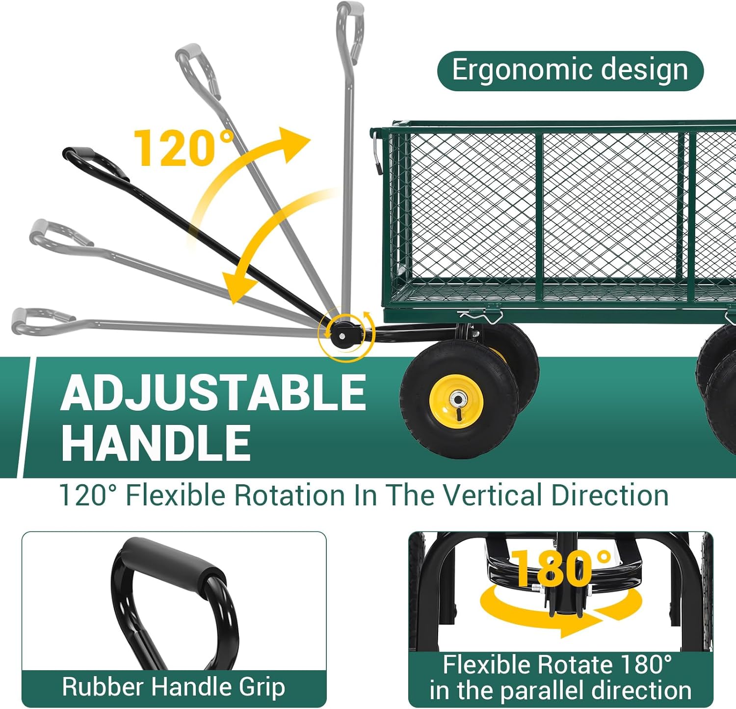 Steel Garden Cart 1100 LBS with 10" Tires, Heavy Duty Garden Wagon Cart with 180° Rotating Handle and Removable Sides, Metal Wagon for Farm, Yard, Lawn, Green