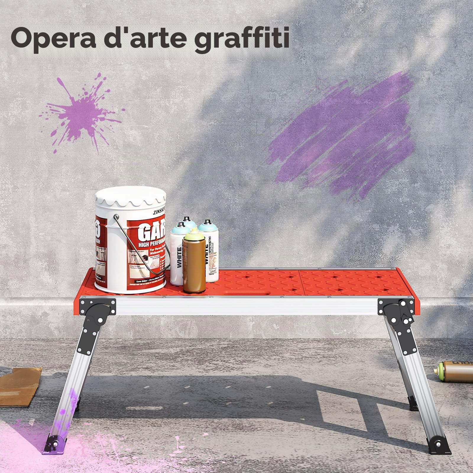 KINGRACK Piattaforma di lavoro pieghevole in alluminio portatile, cavalletti da lavoro antiscivolo con serrature di sicurezza per casa garage, trabattello portata di 150 kg, Argento e rosso