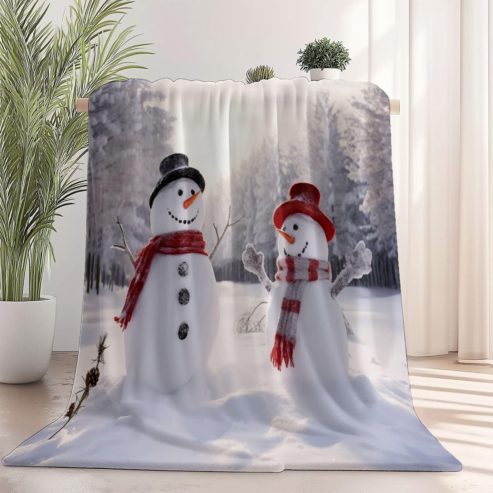 Narzuta flanelowa, zima, las, bałwanek, miękki, ciepły, koc polarowy typu sherpa w rozmiarze king size, szary, przytulny koc jesienny, 180 x 220 cm, na sofę, łóżko, kanapę, kemping, do sypialni