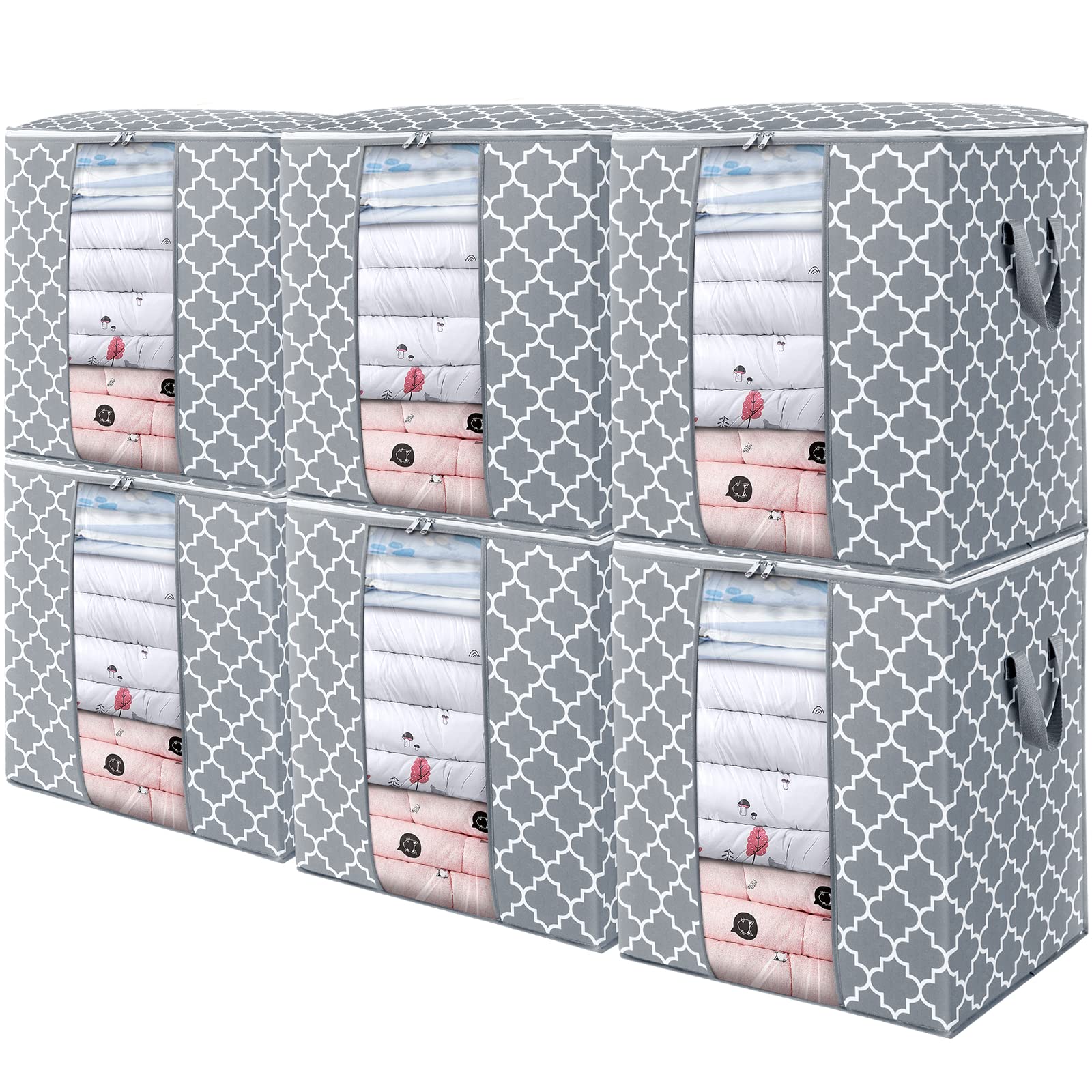 WISELIFE Storage Bags 6 Pack/100L Large Blanket Clothes Organization and Storage Containers for Comforters,Bedding, Foldable Organizer with Reinforced Handle, Clear Window, Sturdy Zippers,Light Gray