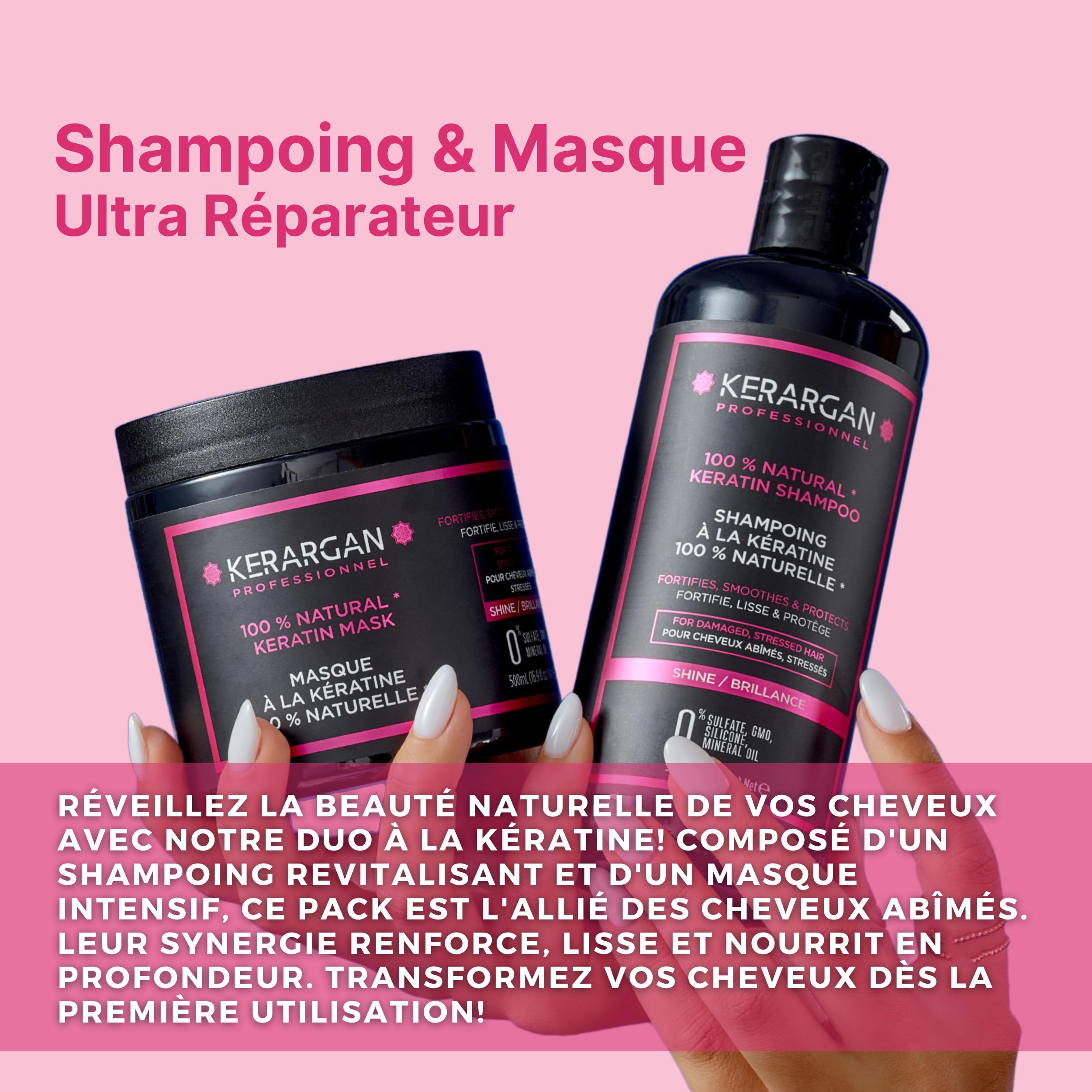 Kerargan - Duo Ultra Réparateur Shampoing & Masque à la Kératine pour Cheveux Abîmés et Stressés - Nourrit, Lisse & Protège - Sans Sulfate, OGM, Silicone - 2x500 ml | Shampoing et masque, nettoient puis réparent intensément les cheveux abîmés ou stressés