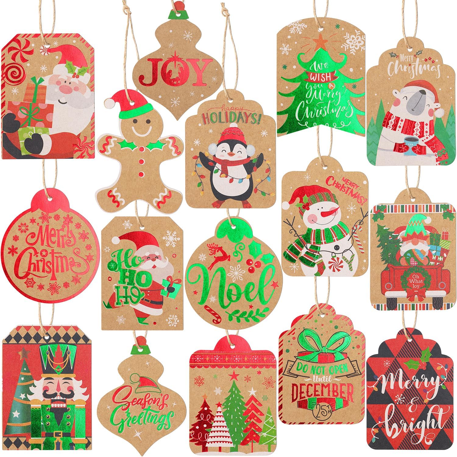96 Christmas Gift Tags with String Attached – 16 Foil Holiday Designs Kraft Name Tags for DIY Xmas Present Wrapping, Gift Bags & Holiday Packages (3 x 2.2 Inches)