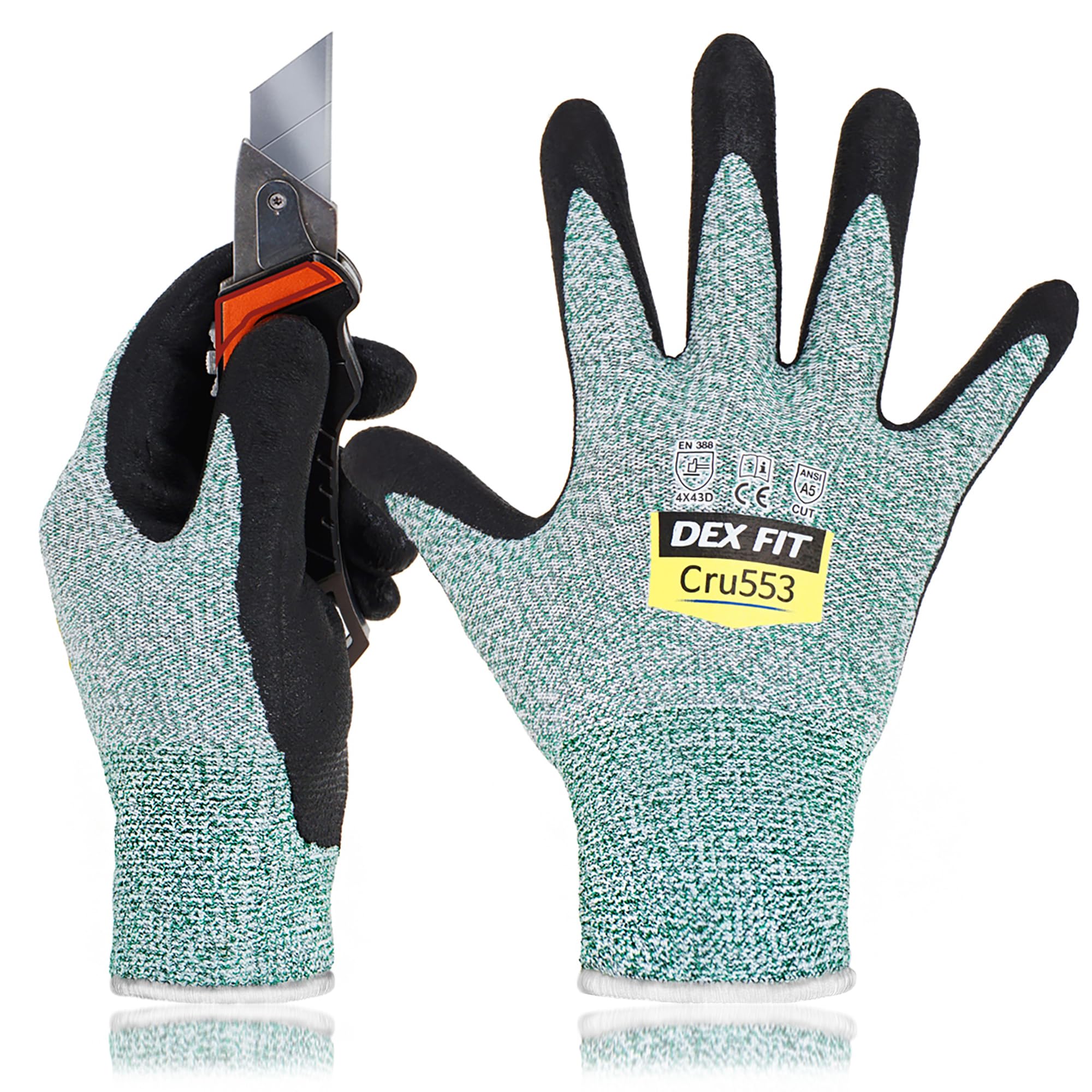 DEX FIT Level 5 Cut Resistant Gloves Cru553, 3D-Comfort Stretchy Fit, Power Grip, Professional Grade, Thin, Touch-Screen Compatible, Durable, Machine