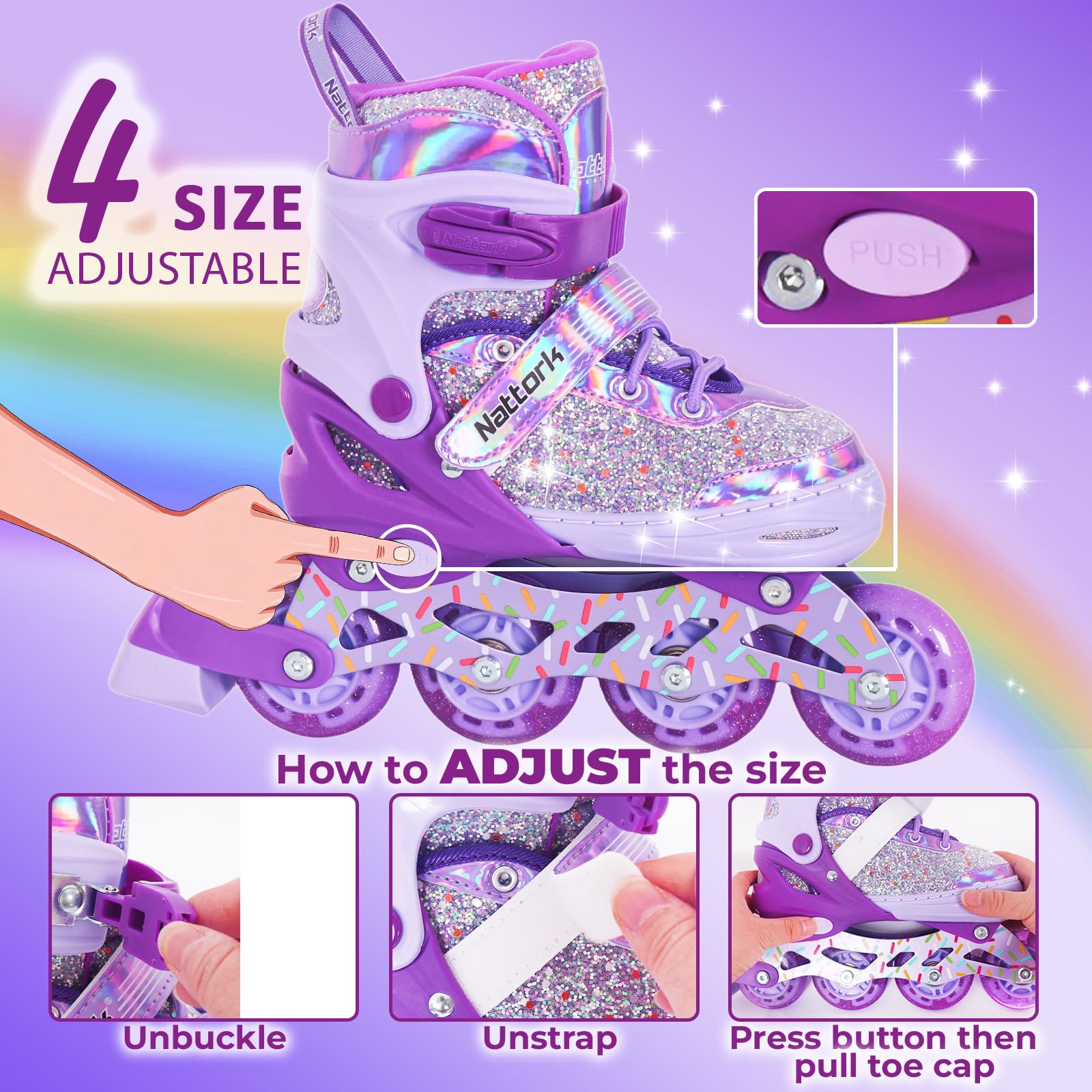 Nattork Patins à roulettes réglables en ligne pour enfants - 4 tailles - Pour l'intérieur et l'extérieur